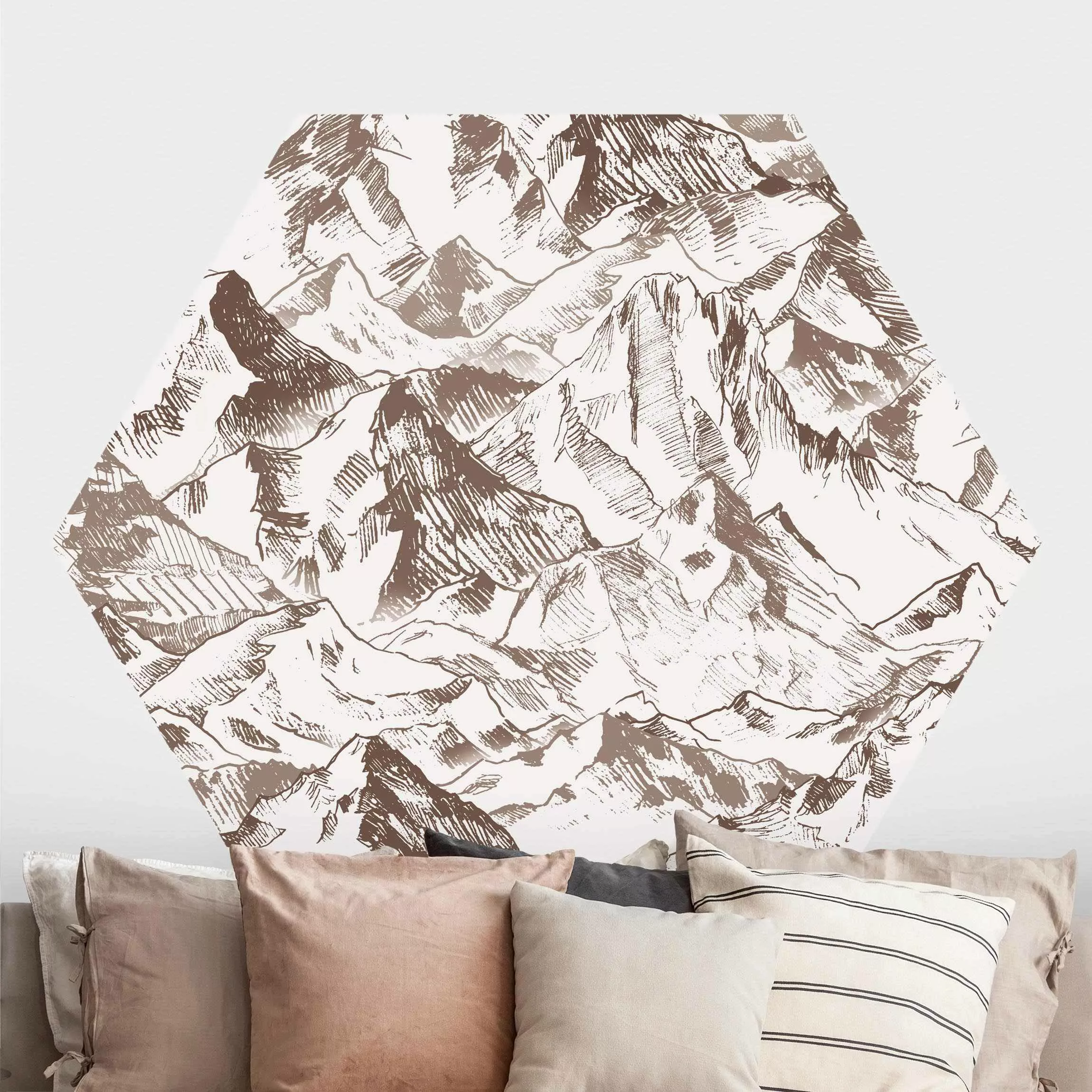 Hexagon Mustertapete selbstklebend Illustration Berglandschaft Sepia günstig online kaufen