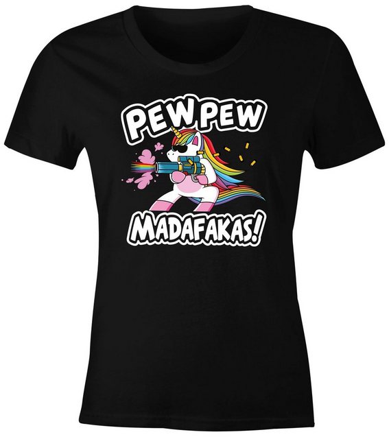 MoonWorks Print-Shirt Damen T-Shirt Pew Pew Madafakas böses Einhorn Regenbo günstig online kaufen