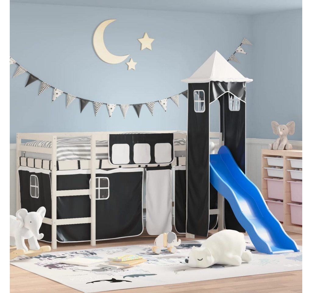 vidaXL Kinderbett Kinderhochbett mit Turm Weiß Schwarz 90x190 cm Kiefernhol günstig online kaufen