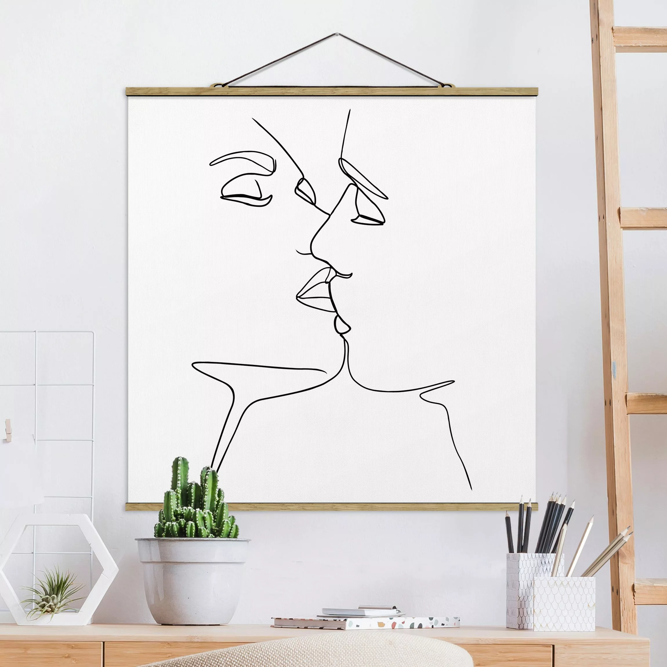 Stoffbild Abstrakt mit Posterleisten - Quadrat Line Art Kuss Gesichter Schw günstig online kaufen