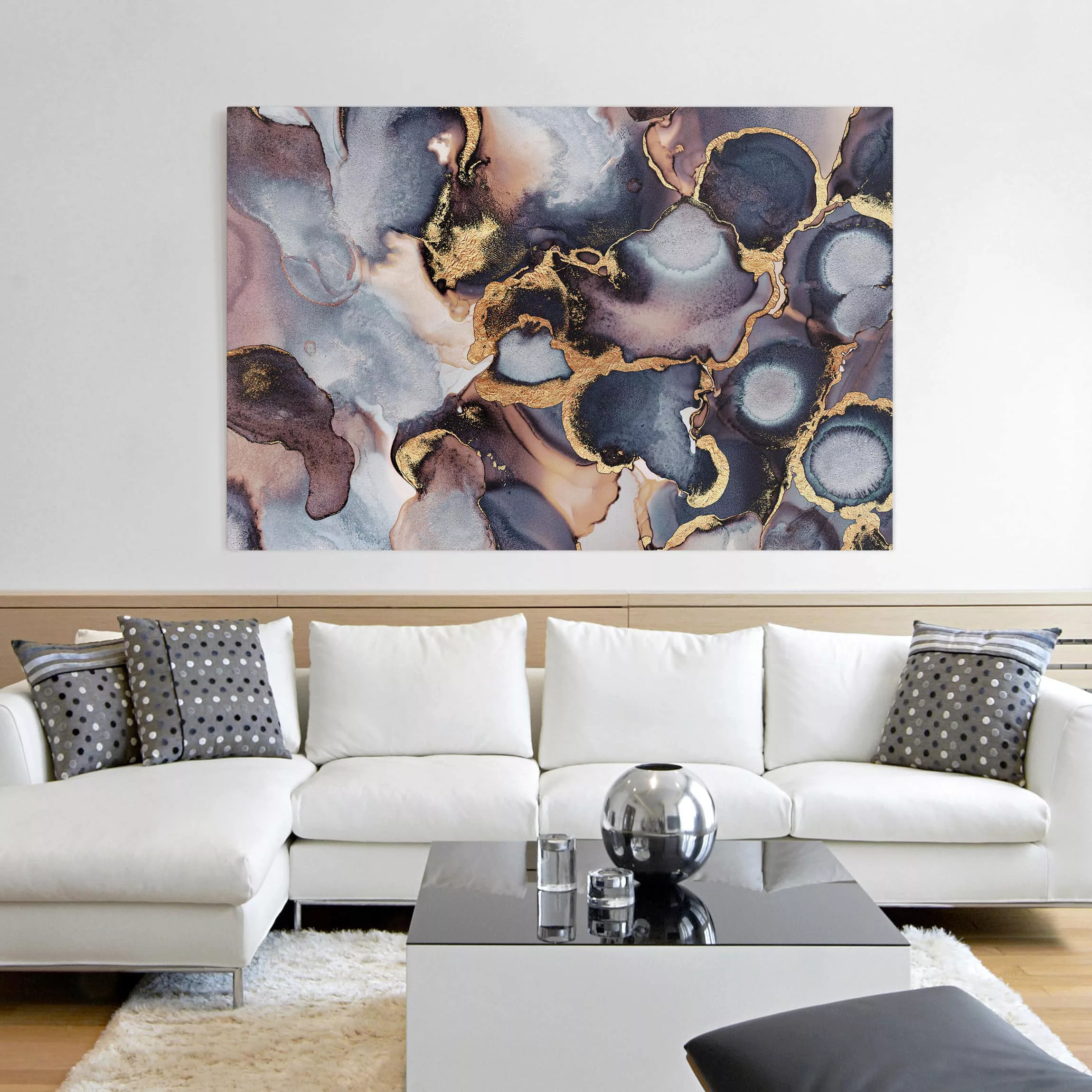 Leinwandbild Abstrakt - Querformat Marmor Aquarell mit Gold günstig online kaufen