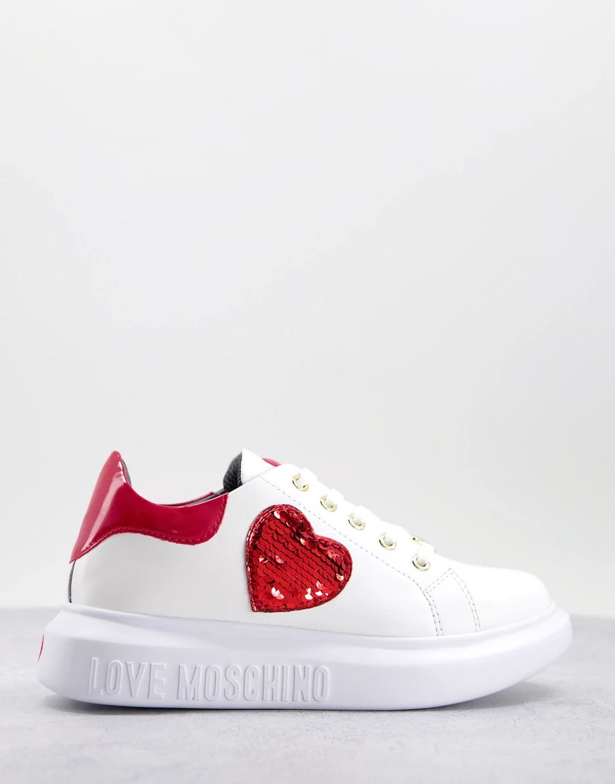 Love Moschino – Sneaker in Rot und Weiß mit Herzmotiv günstig online kaufen