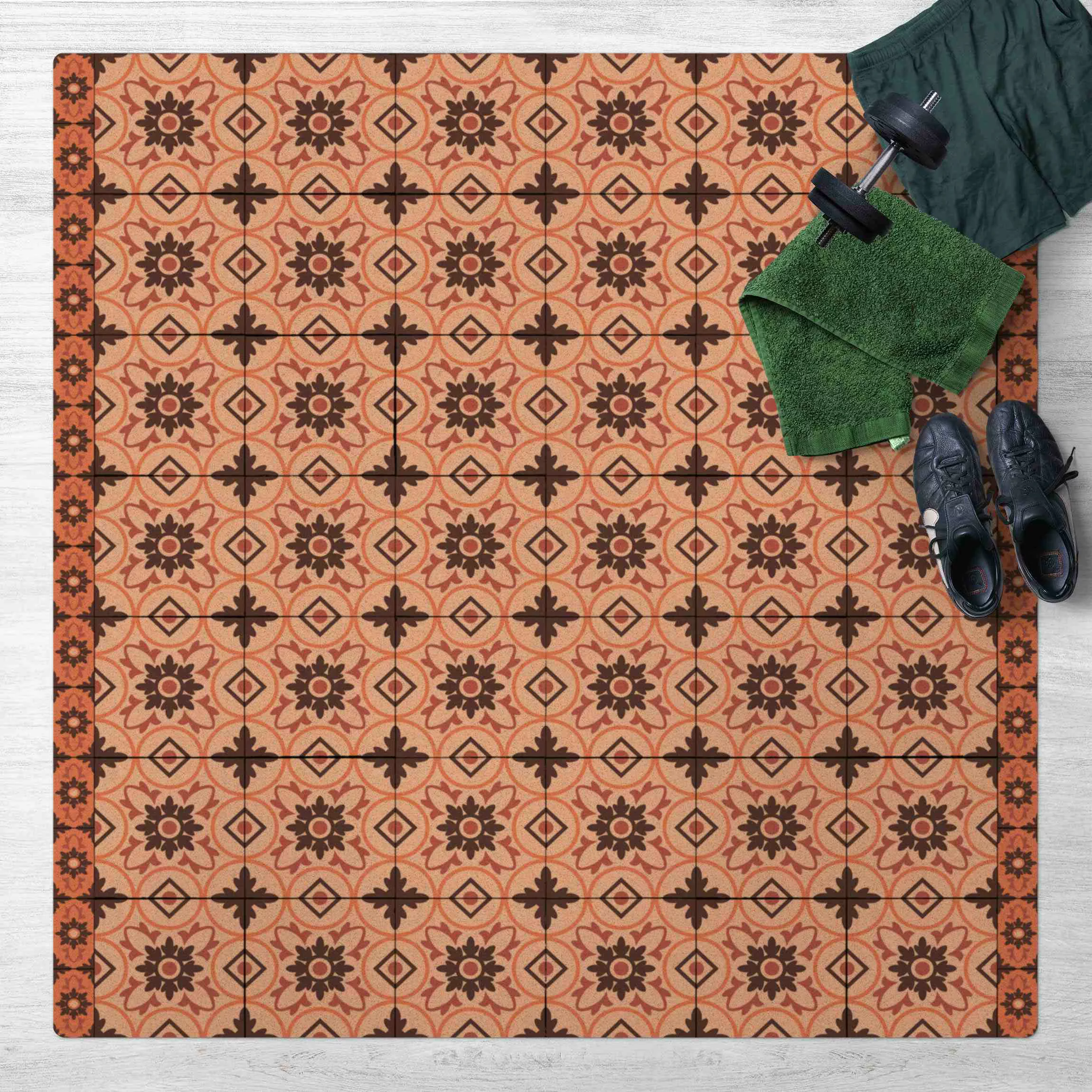 Kork-Teppich Geometrischer Fliesenmix Blume Orange günstig online kaufen