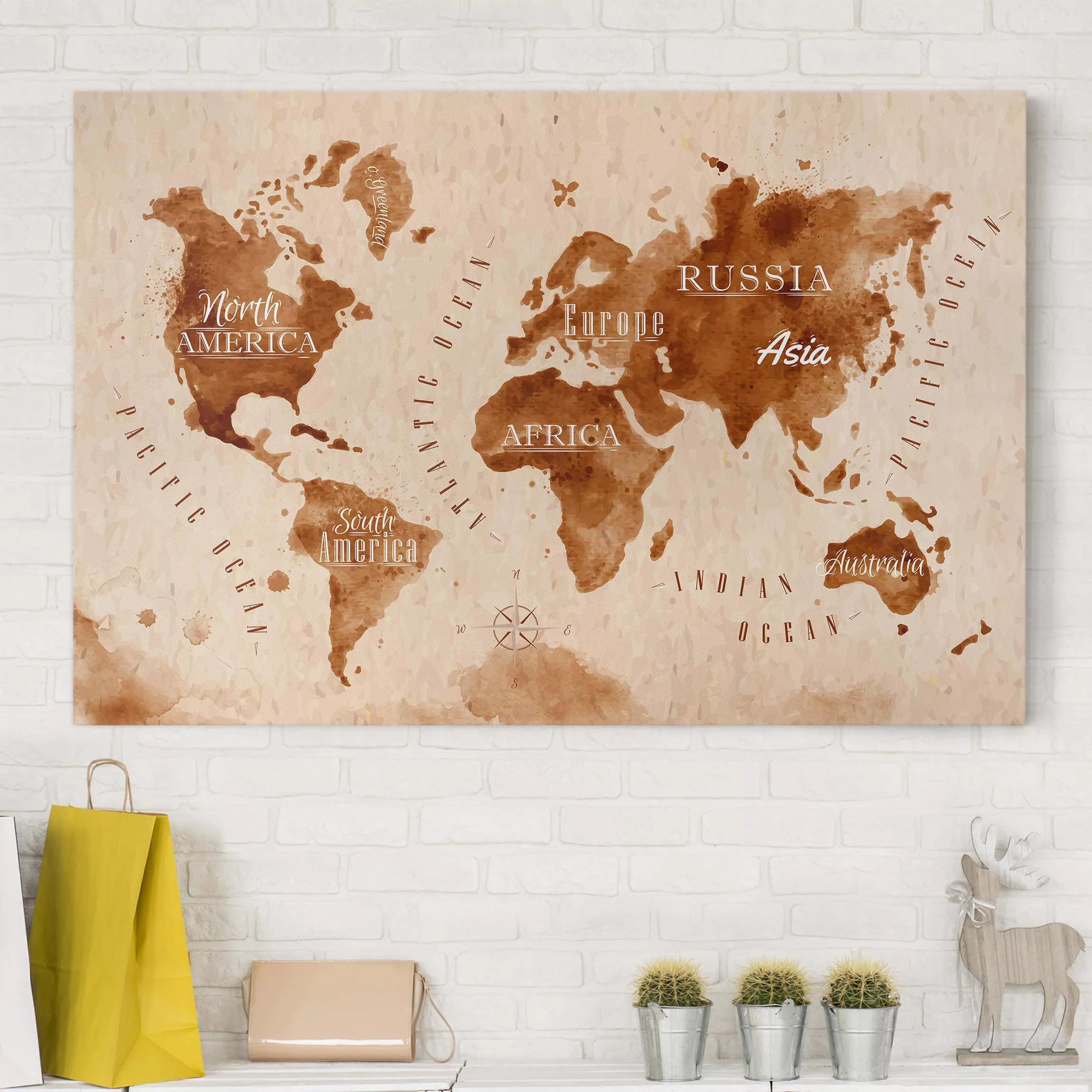 Leinwandbild Weltkarte - Querformat Weltkarte Aquarell beige braun günstig online kaufen