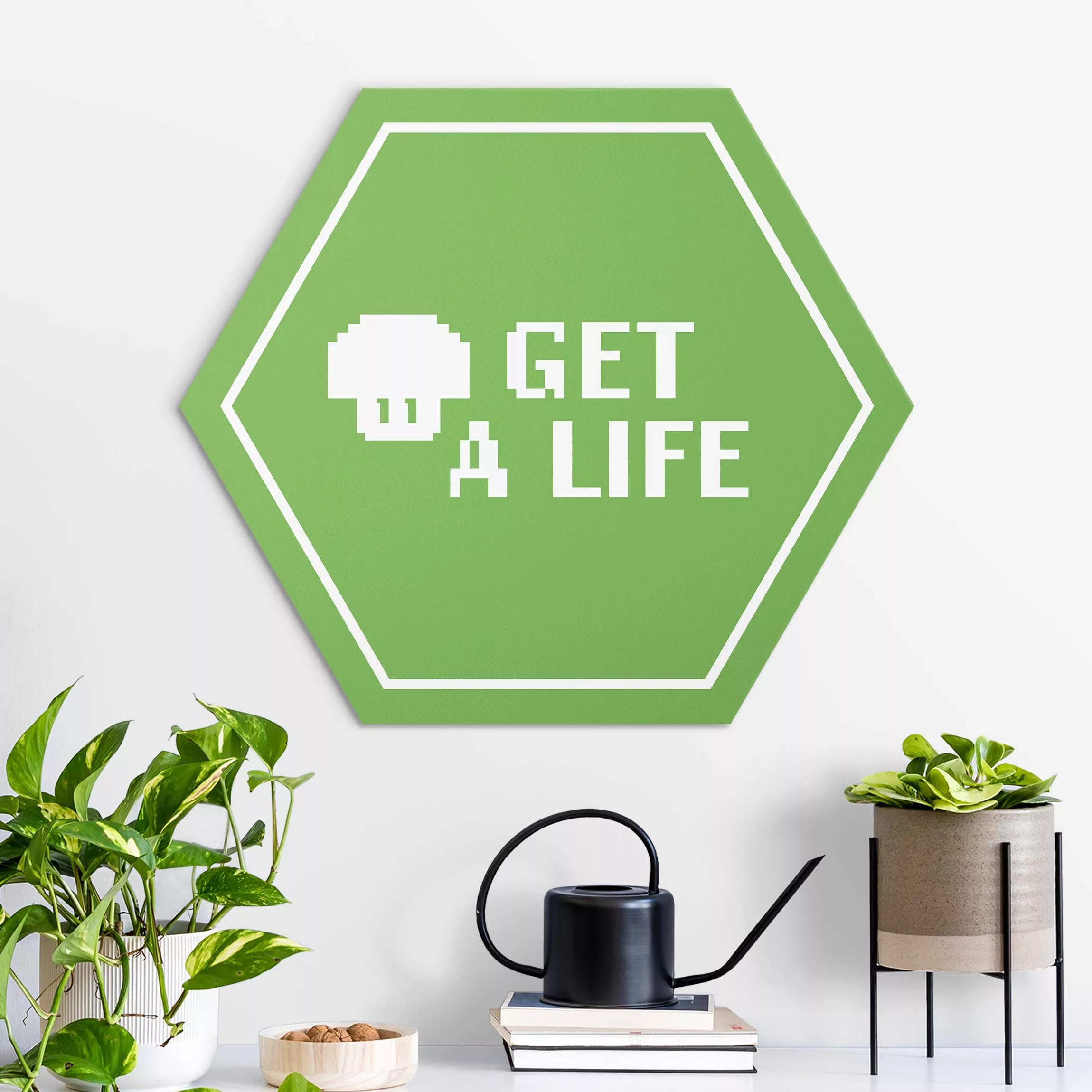 Hexagon-Alu-Dibond Bild Videospiel Spruch Get A Life in Grün günstig online kaufen