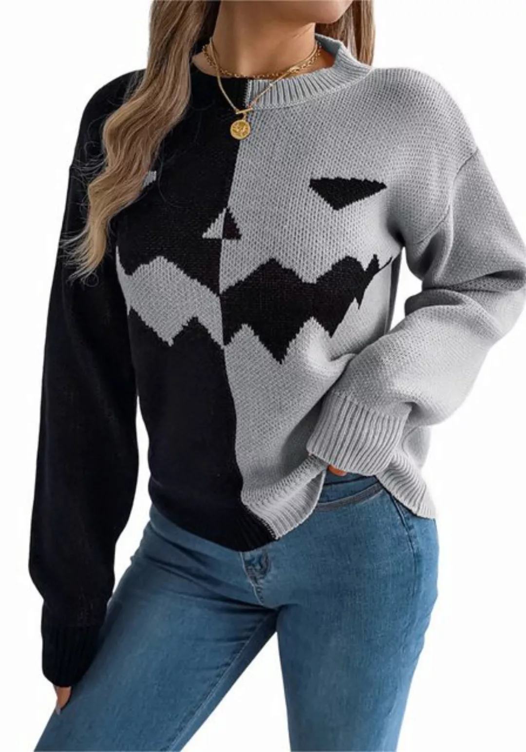 Mayou Strickpullover Damen Lustig Halloween Strickpullover Kontrast Farbe P günstig online kaufen