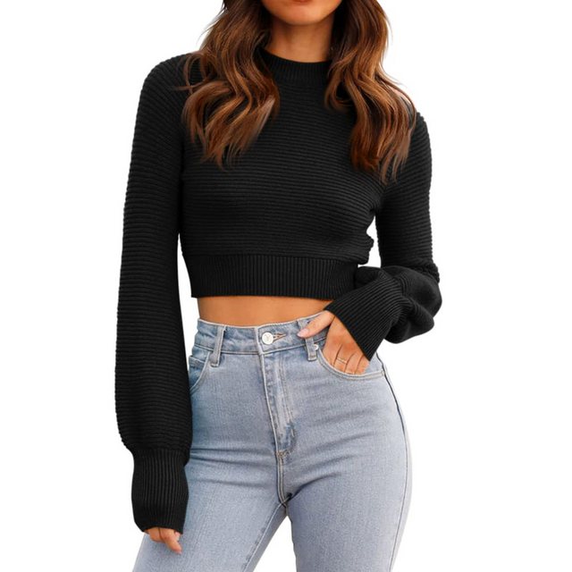 Truyuety Strickpullover Damen Strickpullover Kurz Cropped Pullover mit Rund günstig online kaufen