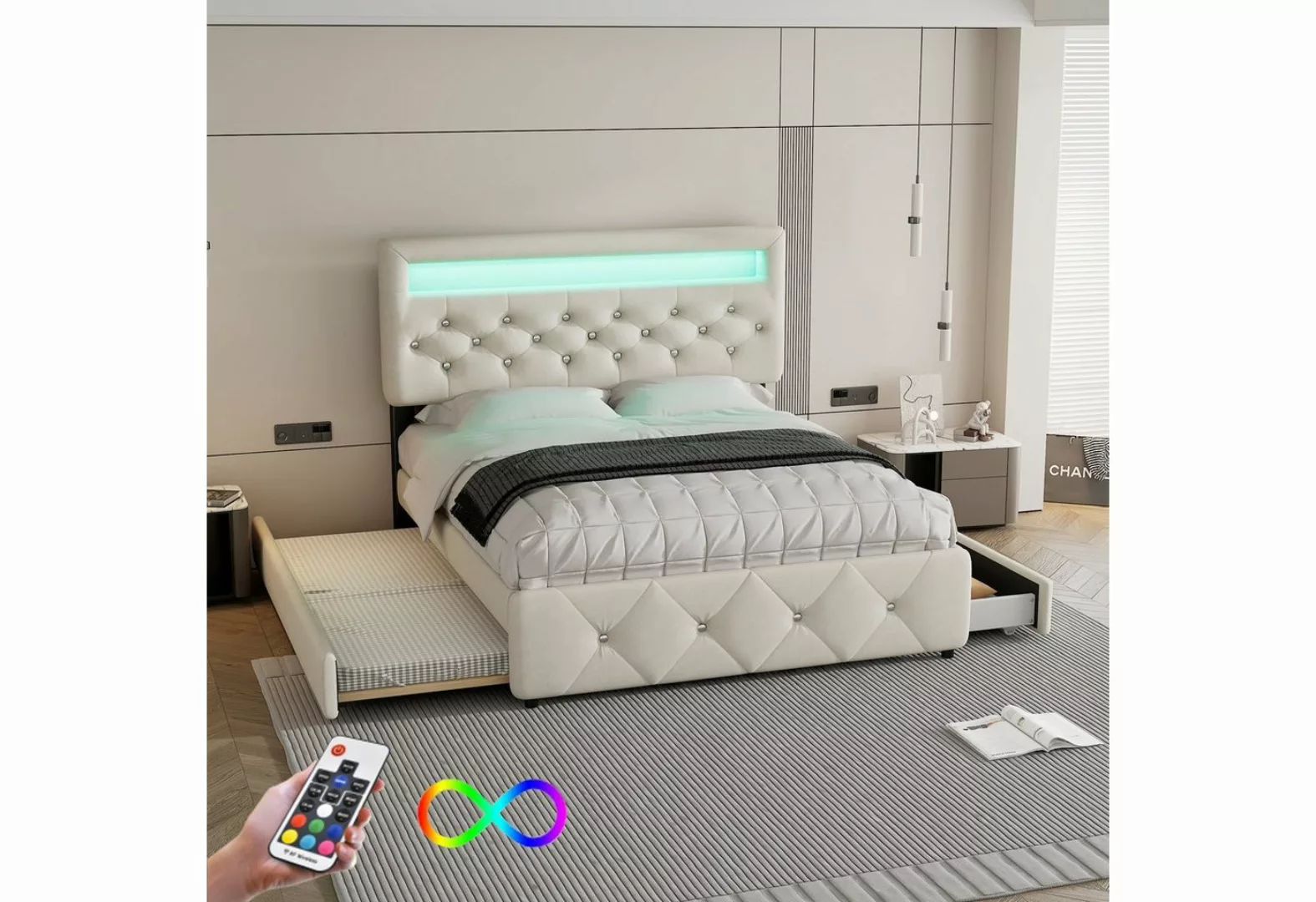 OKWISH Polsterbett Doppelbett mit Bettauszug und 2 Schubladen (140*200cm (9 günstig online kaufen