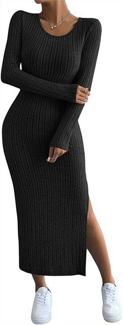 RUZU UG Strickkleid Damen Schlitz Etuikleid Langarm Pullover Kleid U Aussch günstig online kaufen