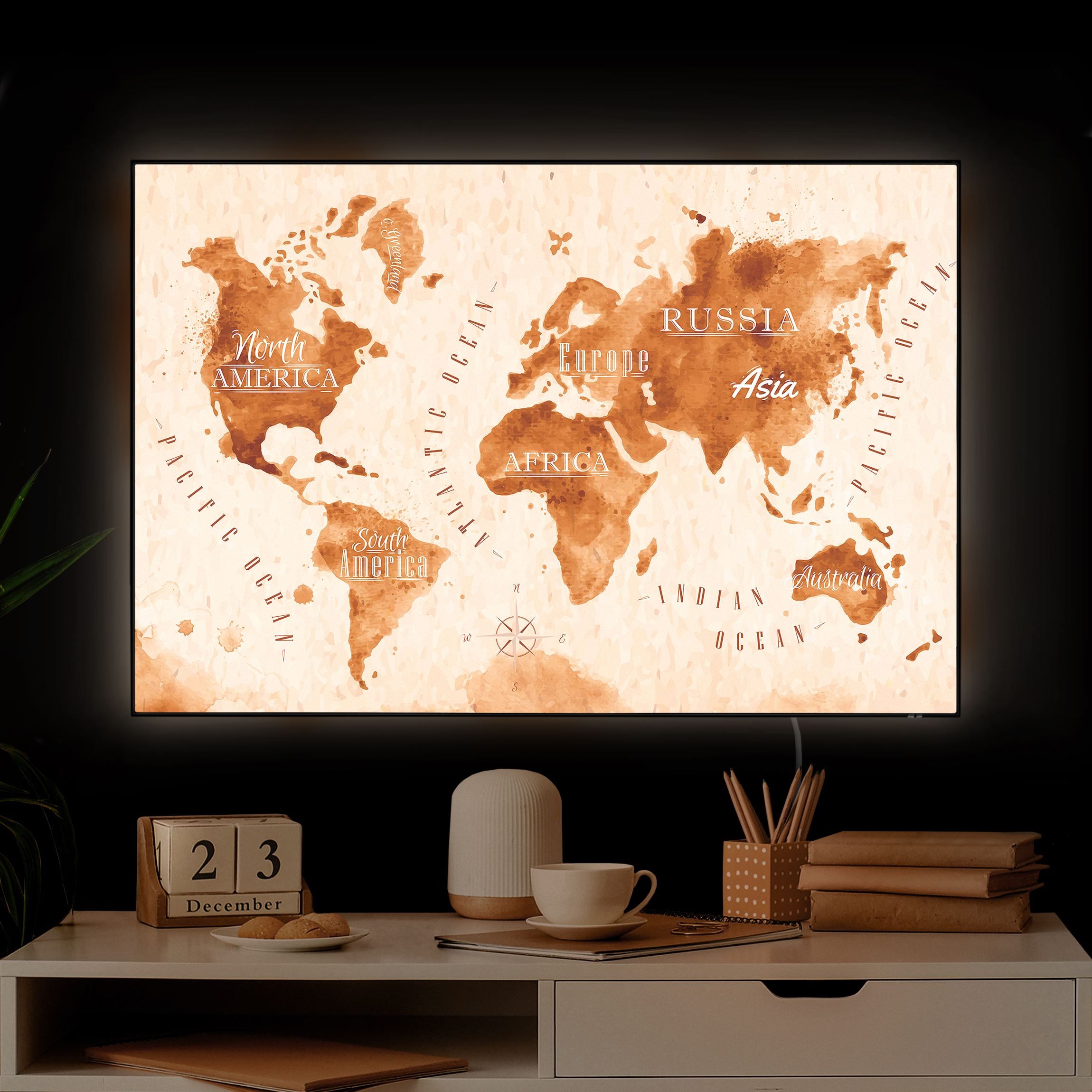 LED-Wechselbild Aquarelloptik Weltkarte beige braun günstig online kaufen