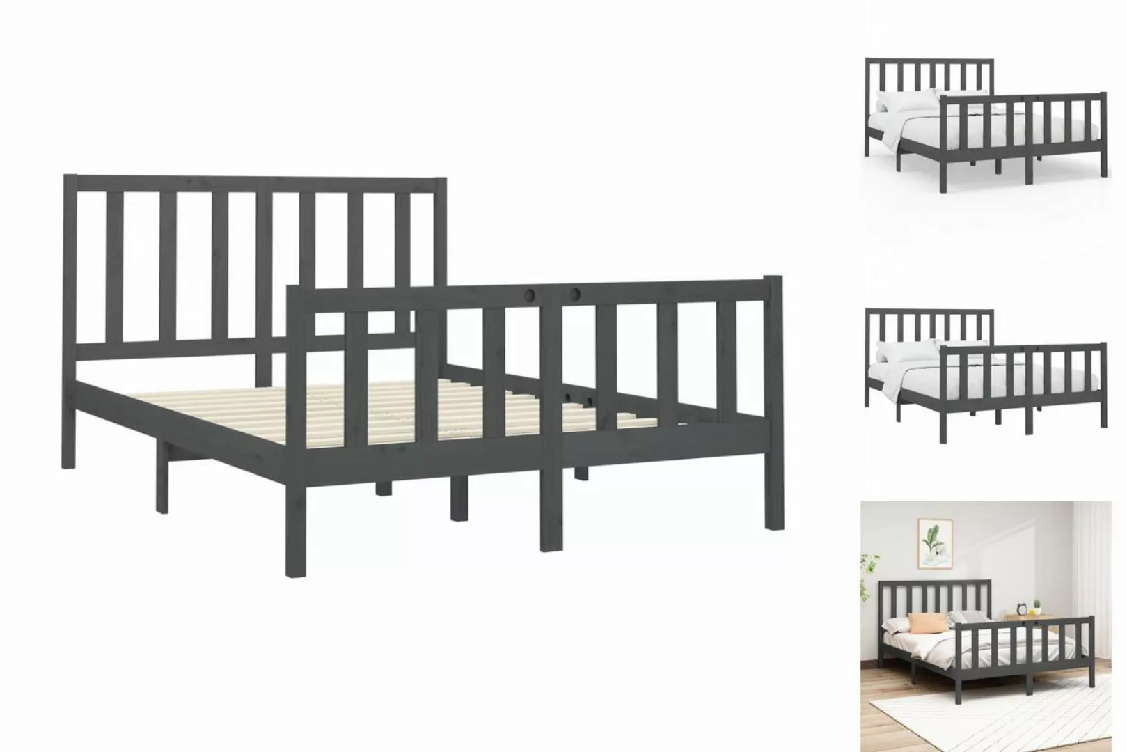 vidaXL Bettgestell Massivholzbett Grau Kiefer 150x200 cm 5FT King Size Bett günstig online kaufen