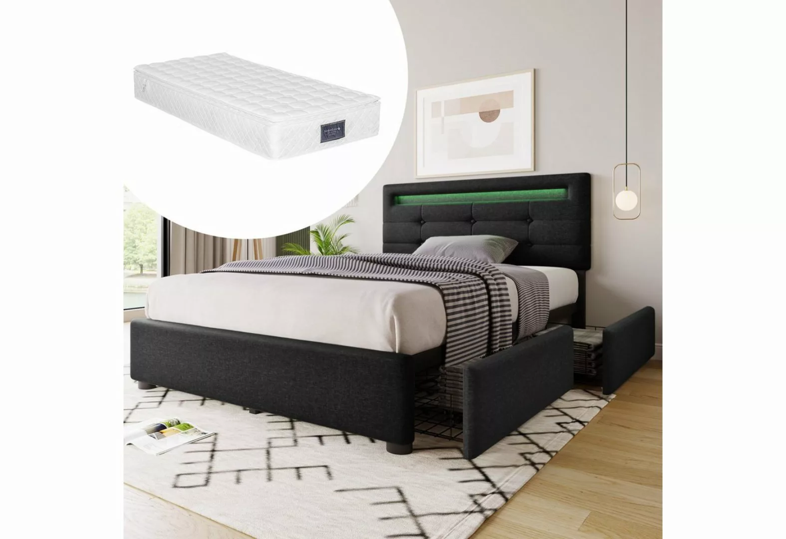 WISHDOR Polsterbett Doppelbett mit Schubladen LED Leuchte (90 x 200 Inklusi günstig online kaufen