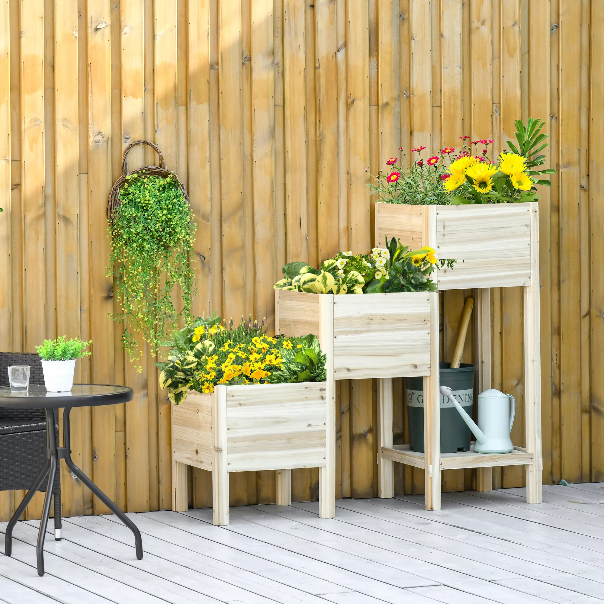 Outsunny Hochbeet 3 Etagen Pflanzkübel aus Holz für Garten & Balkon, Natur, günstig online kaufen