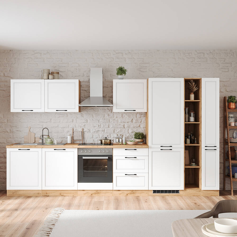 Küchenzeile 360 cm mit E-Geräten in weiß und Eiche, Arbeitsplatte in Eiche, günstig online kaufen