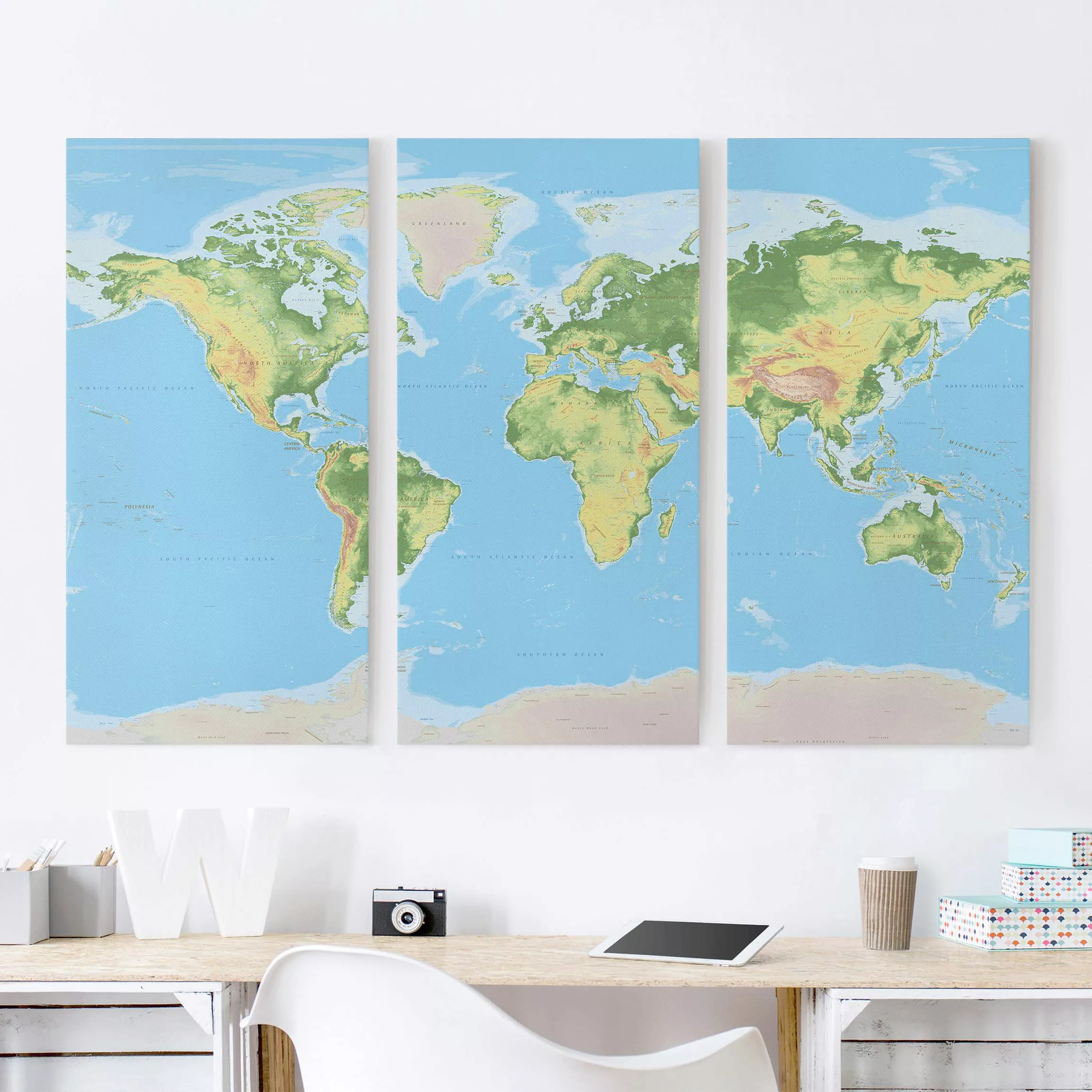 3-teiliges Leinwandbild Weltkarte - Querformat Physische Weltkarte günstig online kaufen