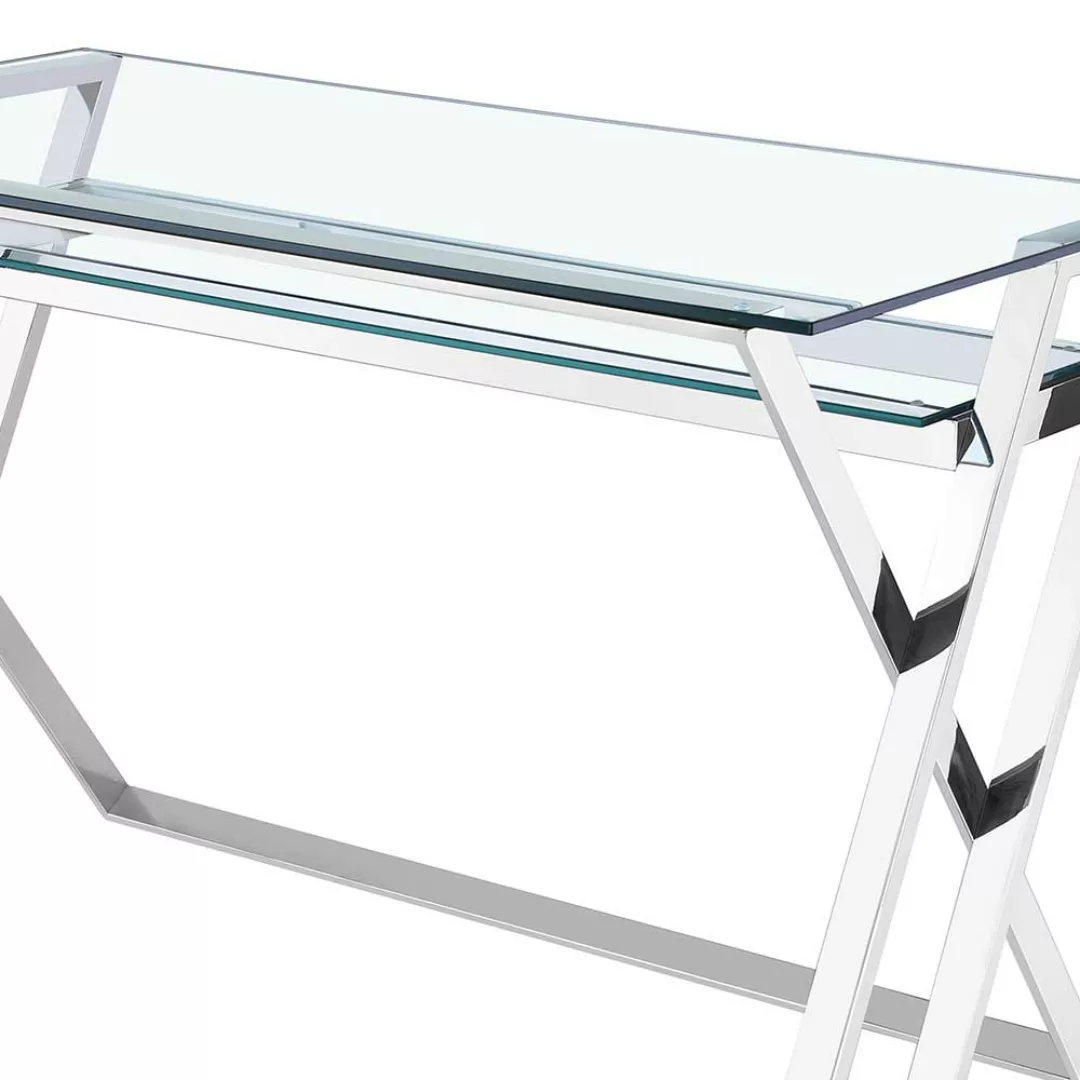 Design Schreibtisch aus Edelstahl Chromfarben Glasplatte günstig online kaufen
