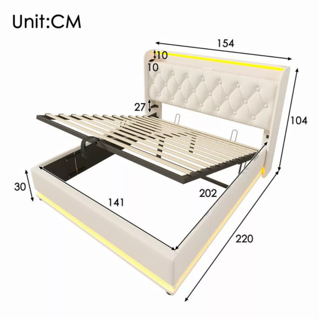 KoDise Polsterbett mit USB Typ-C Ladefunktion, LED Funktion 140x200cm, weiß günstig online kaufen