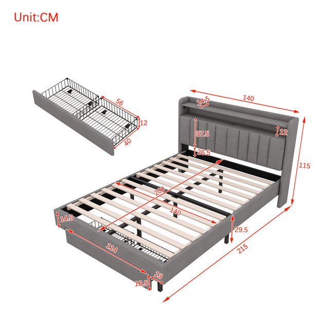 Ulife Polsterbett Polsterbett, klappbares Kopfteil, LED-Wärmelampe, USB-Ans günstig online kaufen