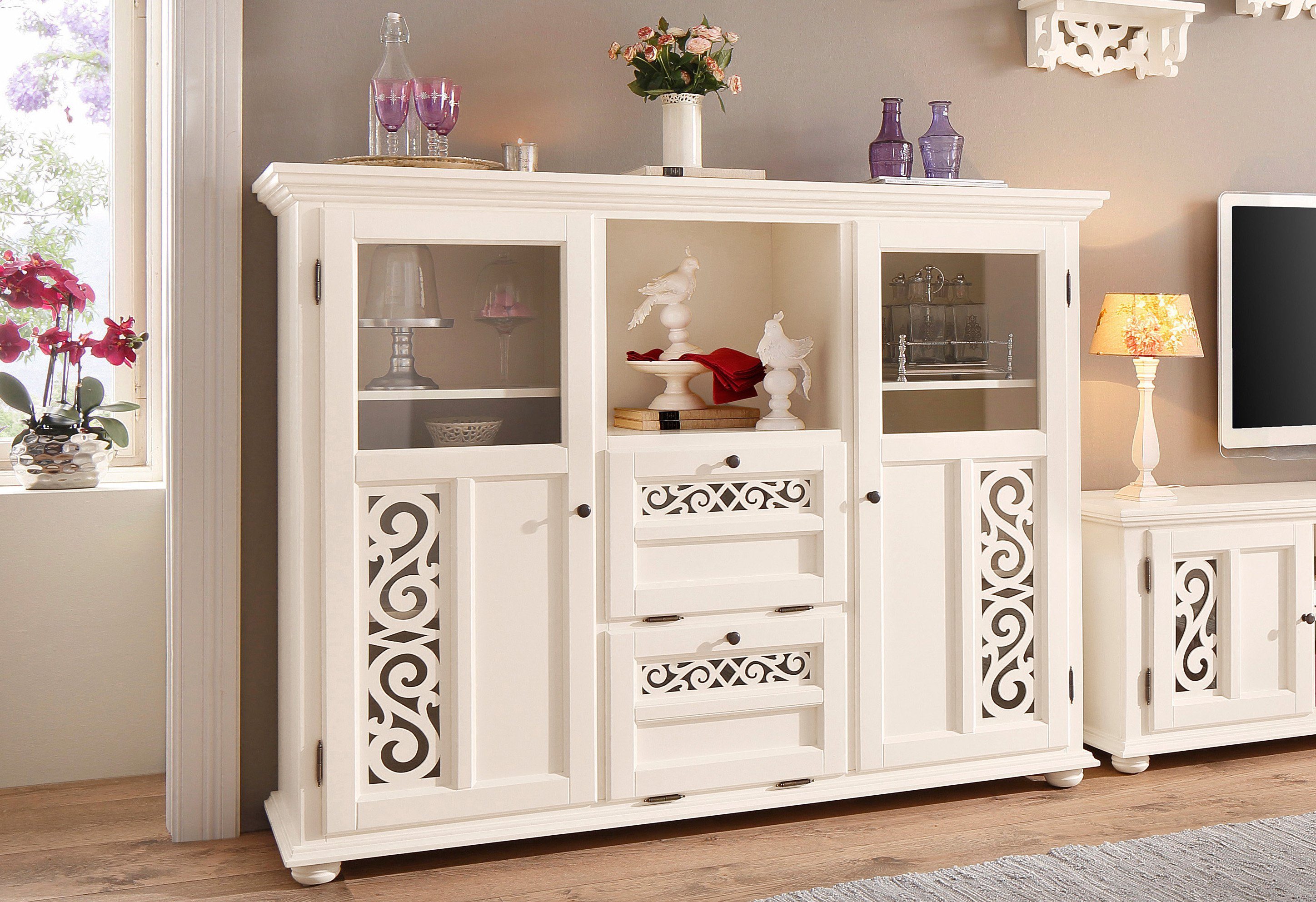 Home affaire Highboard "Arabeske", Vitrine in Holzoptik, mit Fräsungen auf günstig online kaufen