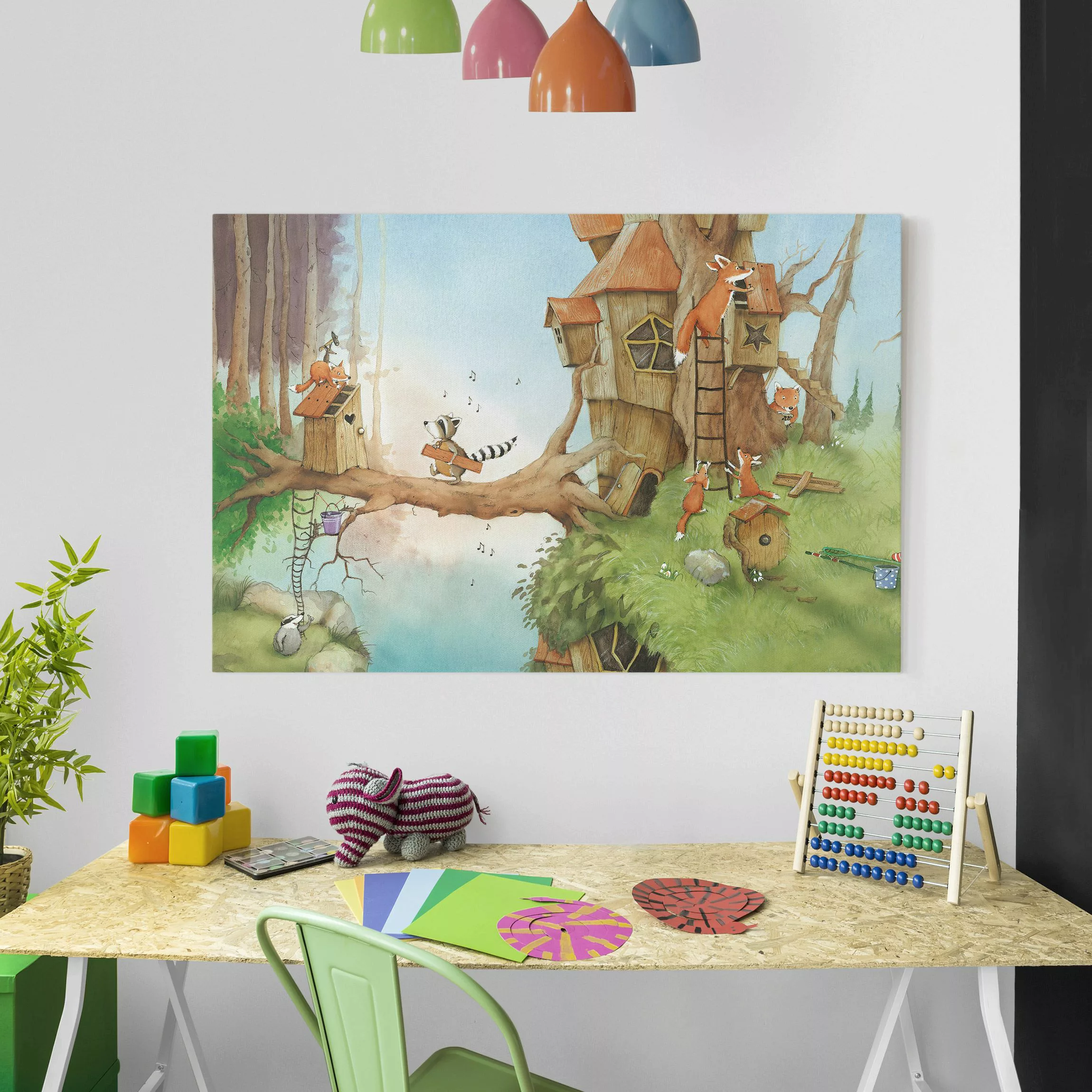 Leinwandbild Kinderzimmer - Querformat Wassili Waschbär - Wassili und Famil günstig online kaufen