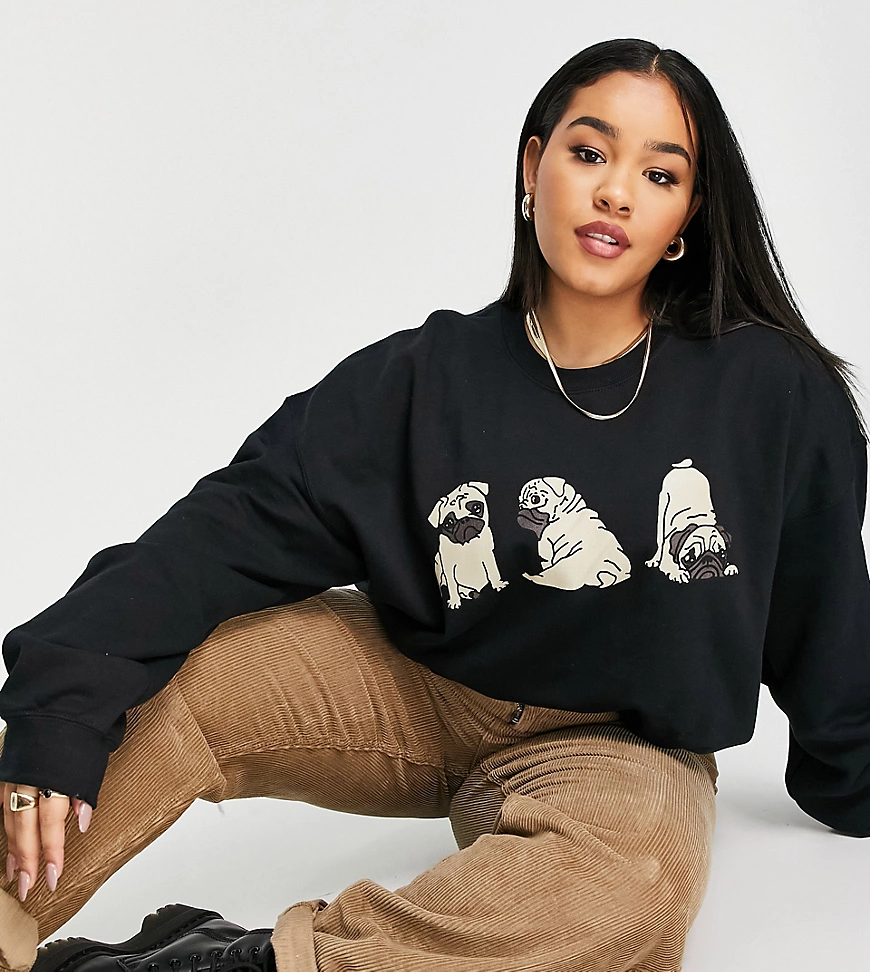 New Love Club Plus– Sweatshirt mit Mops-Grafikprint-Schwarz günstig online kaufen