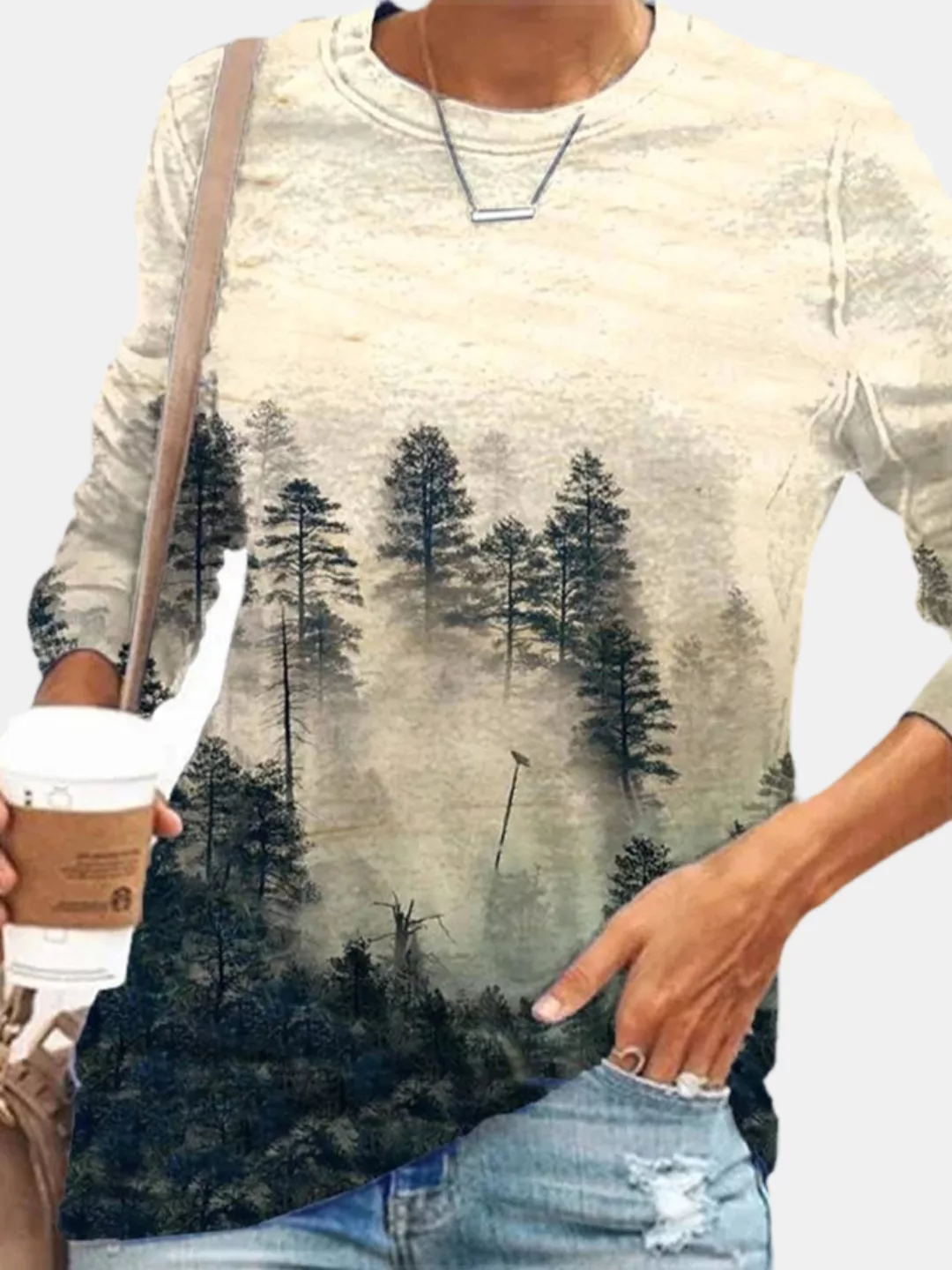 Landschaftsdruck Rundhalsausschnitt Langarm Plus Größe Bluse günstig online kaufen