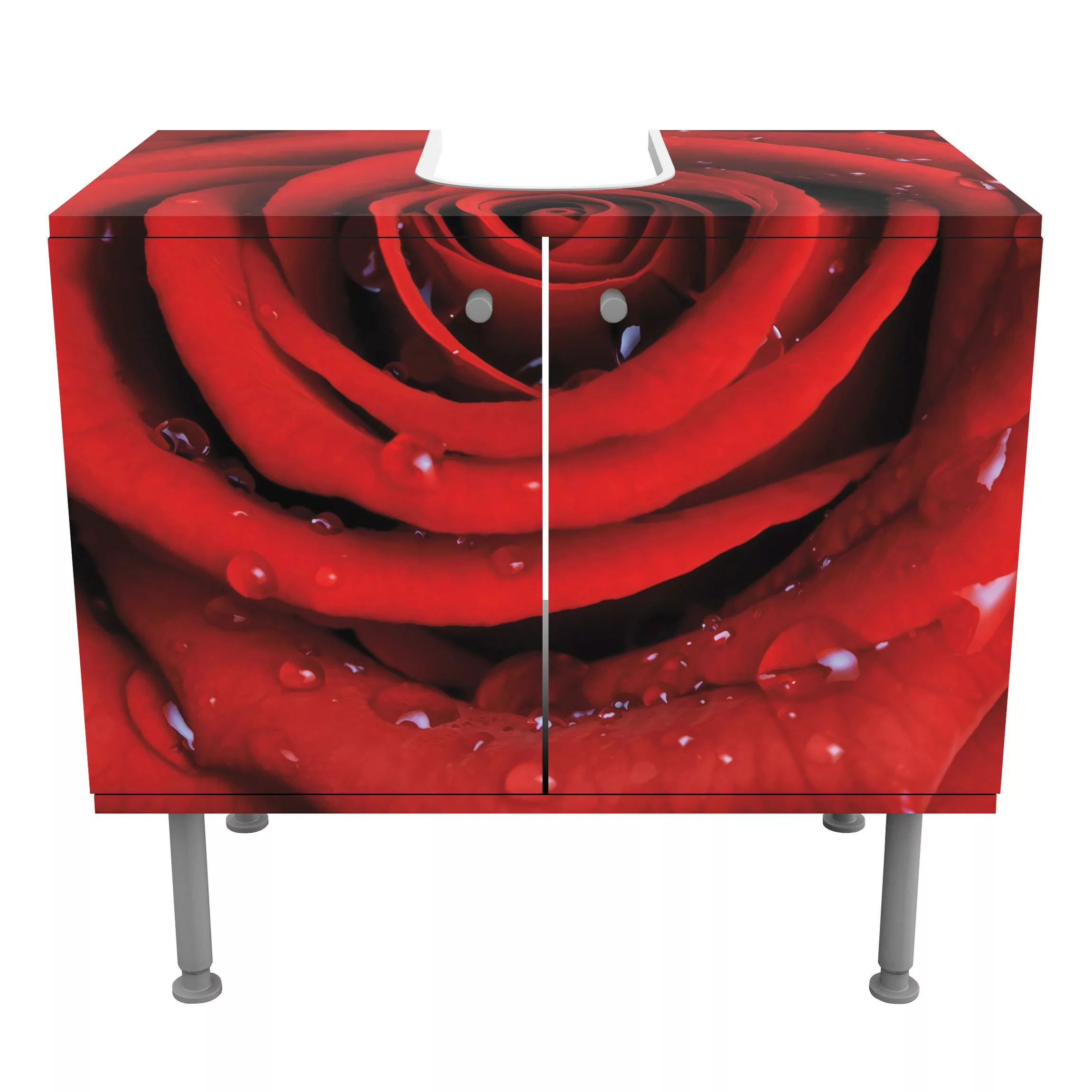 Waschbeckenunterschrank Blumen Rosen Rote Rose mit Wassertropfen günstig online kaufen