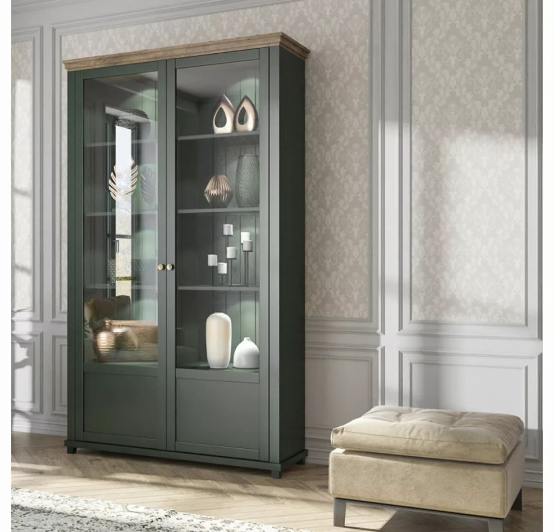 Lomadox Vitrine EPSOM-83 grün mit Lefkas Eiche Nb. 126/200/42 cm günstig online kaufen