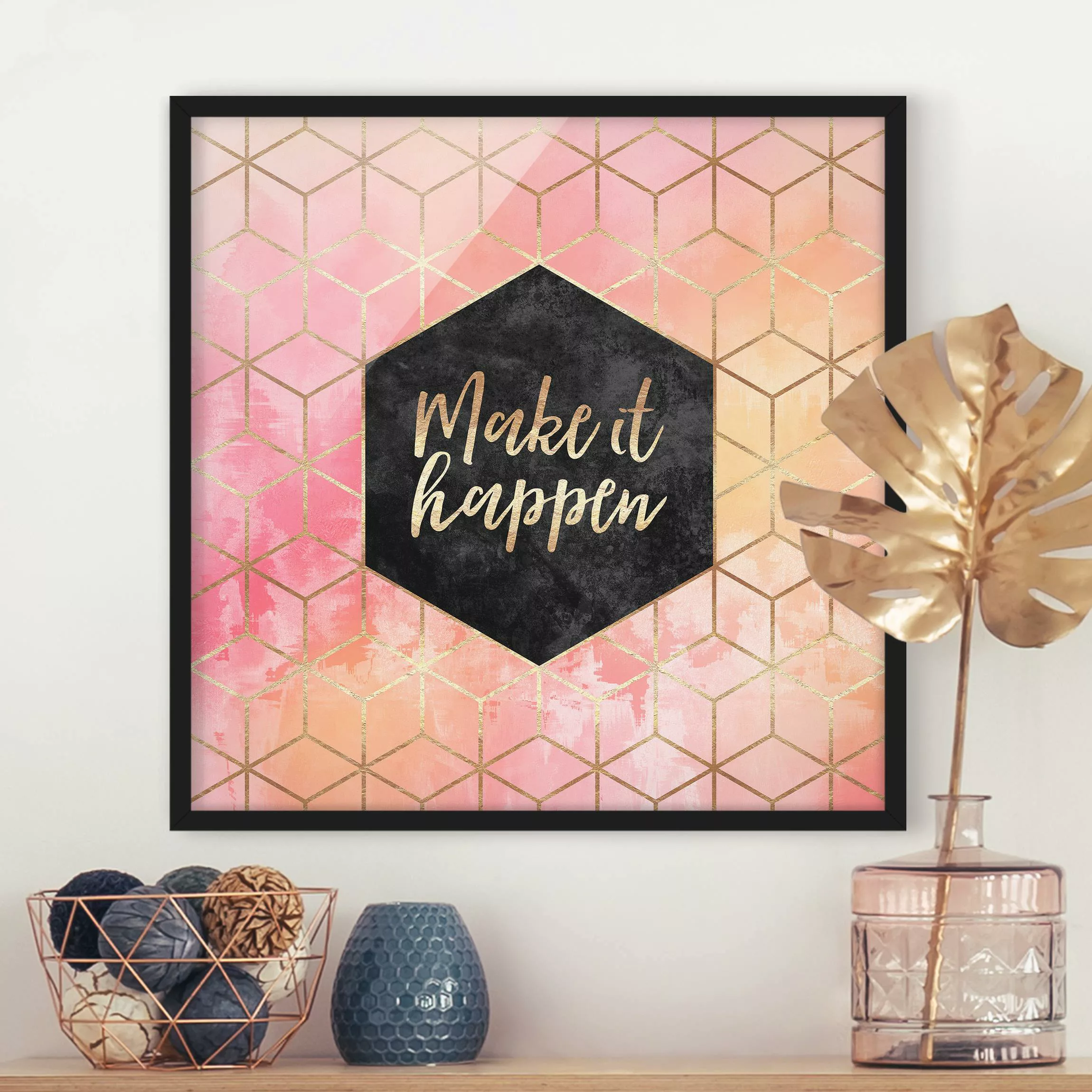 Bild mit Rahmen Spruch - Quadrat Make It Happen Geometrie Pastell günstig online kaufen