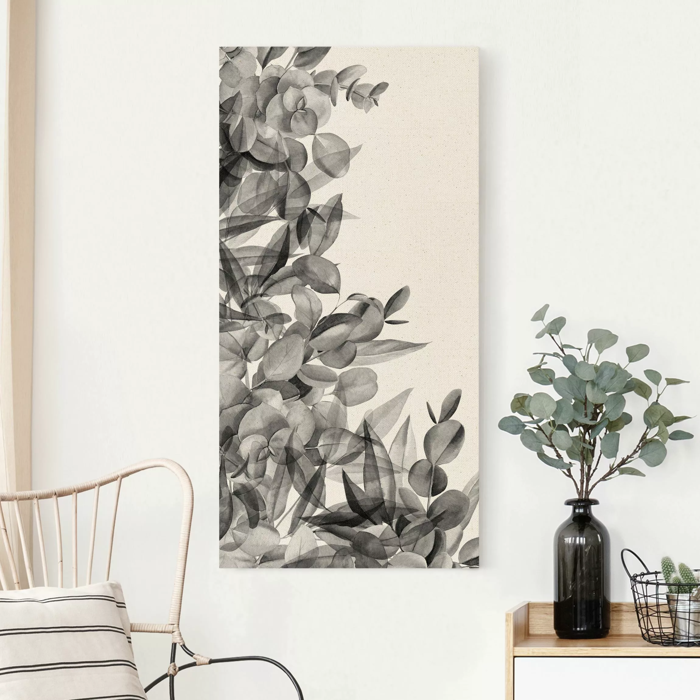 Leinwandbild auf Naturcanvas Dickicht Eukalyptusblätter Aquarell Schwarz günstig online kaufen