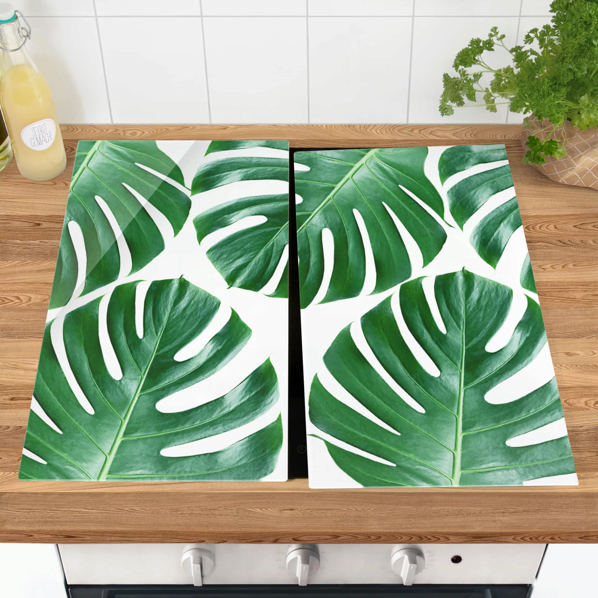 2-teilige Herdabdeckplatte Glas Botanik Tropische grüne Blätter Monstera günstig online kaufen