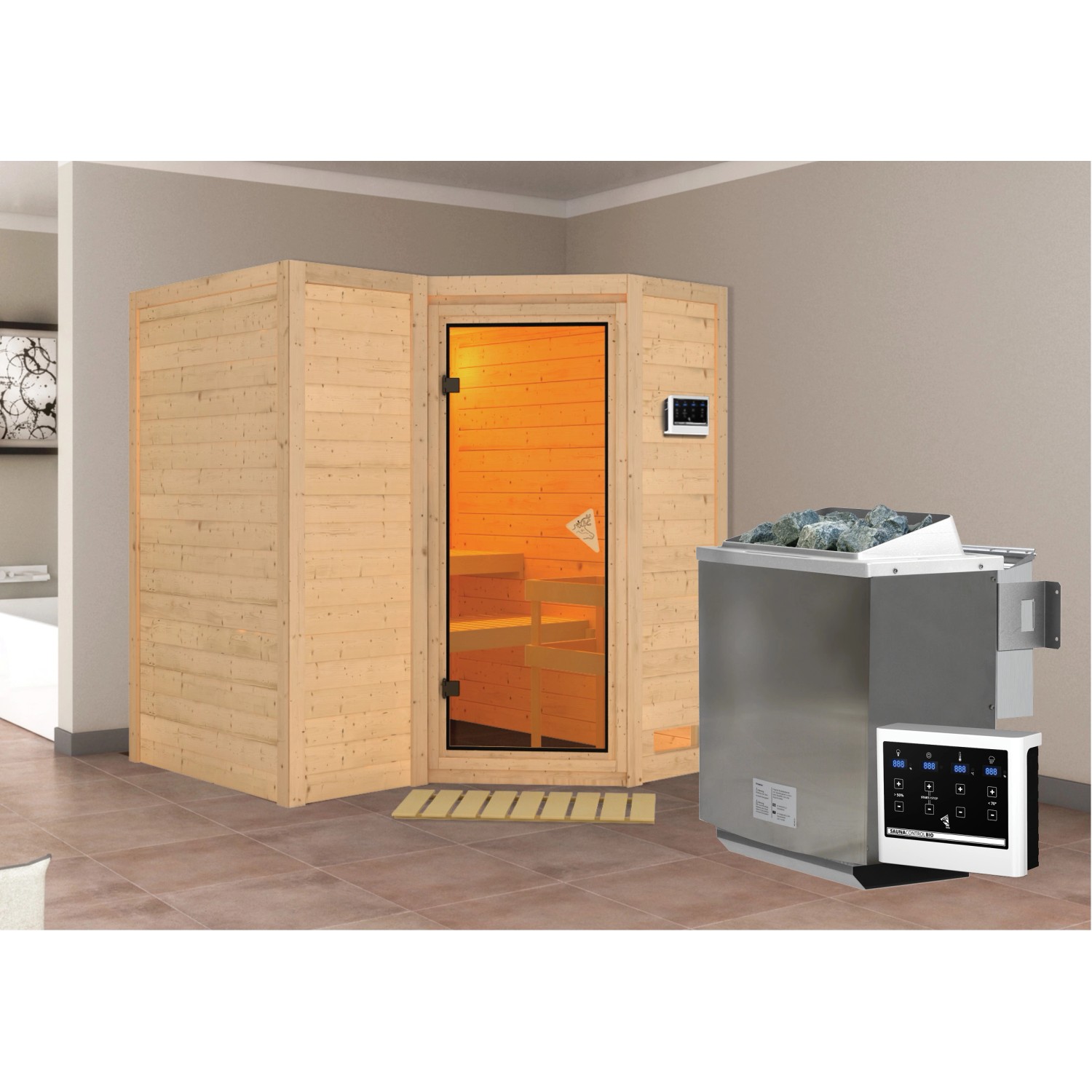 Woodfeeling Sauna-Set Steena 1 inkl. Edelstahl-Bio-Ofen 9 kW mit ext. Steue günstig online kaufen