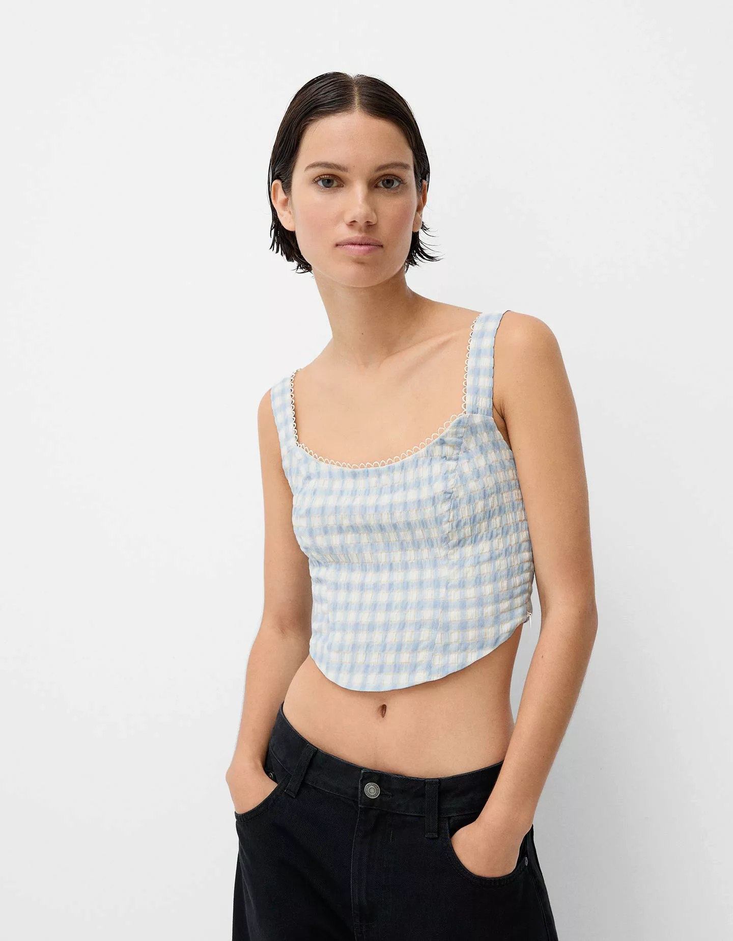 Bershka Top Mit Trägern Und Vichykaros Damen L Hellblau günstig online kaufen