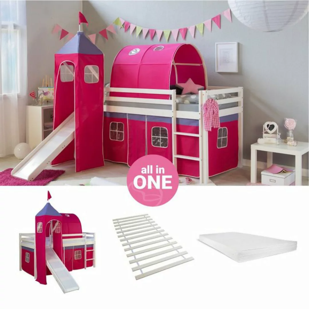 Homestyle4u Hochbett 90x200 cm Kinderbett Weiß Kiefer mit Vorhang Pink mit günstig online kaufen