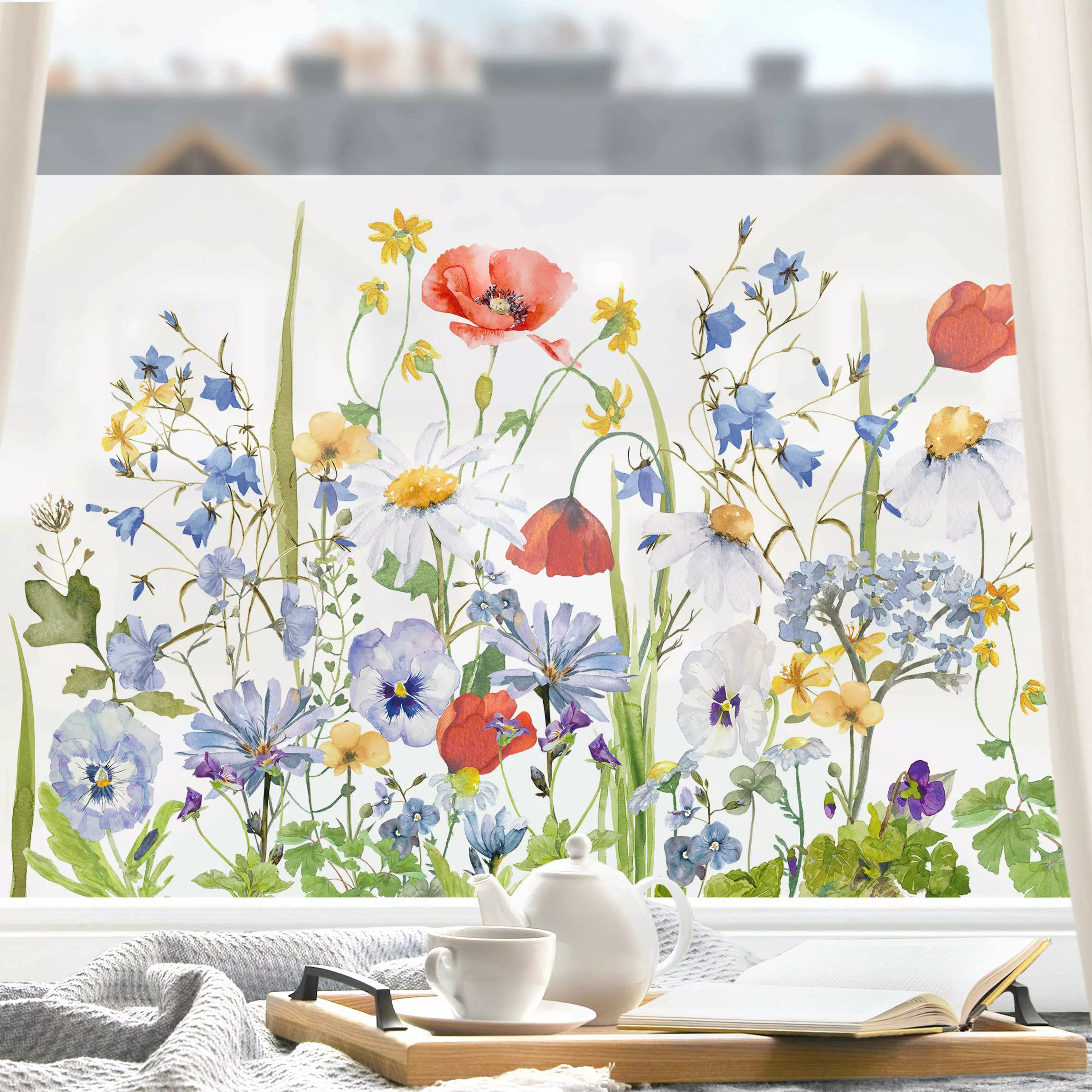 Fensterfolie Aquarellierte Blumenwiese mit Mohn günstig online kaufen