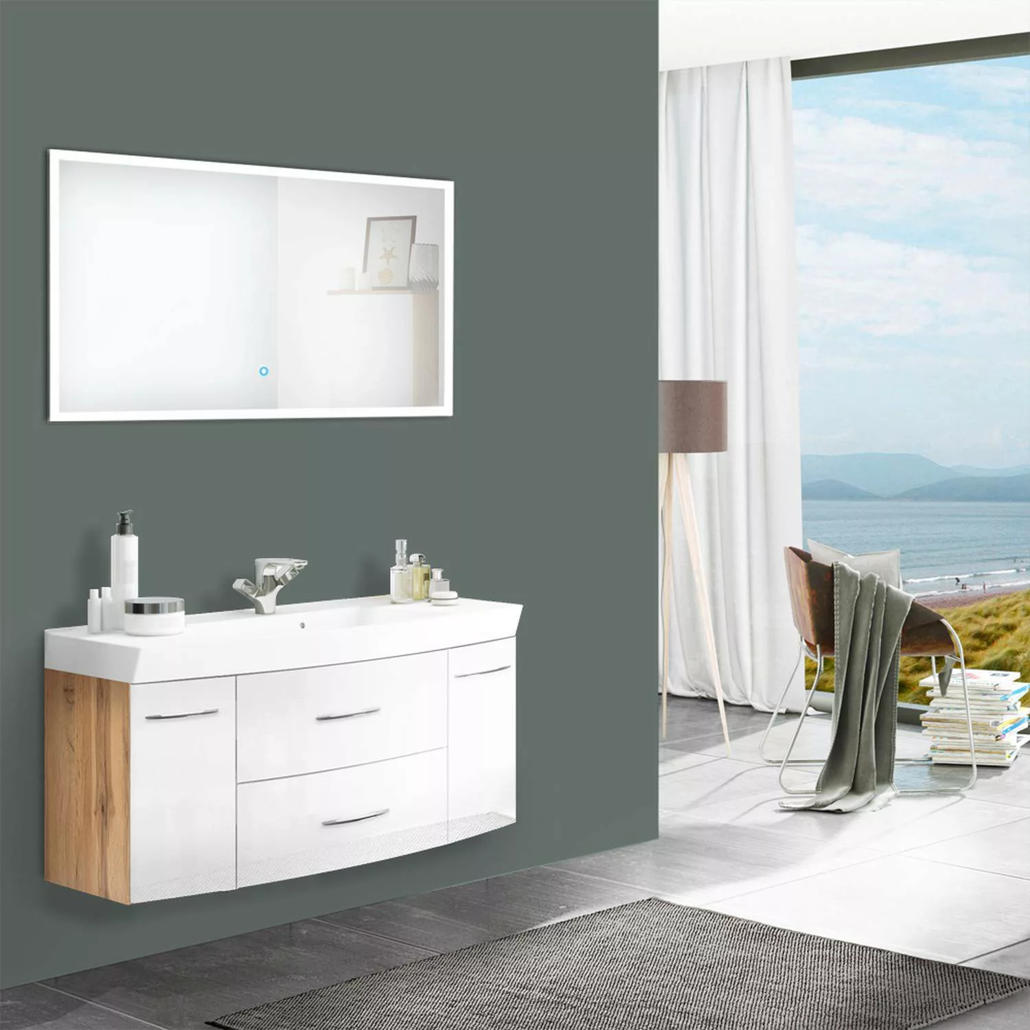 Badmöbel Waschplatz Set mit 120cm Waschtisch FLORIDO-03-OAK weiß Hochglanz günstig online kaufen