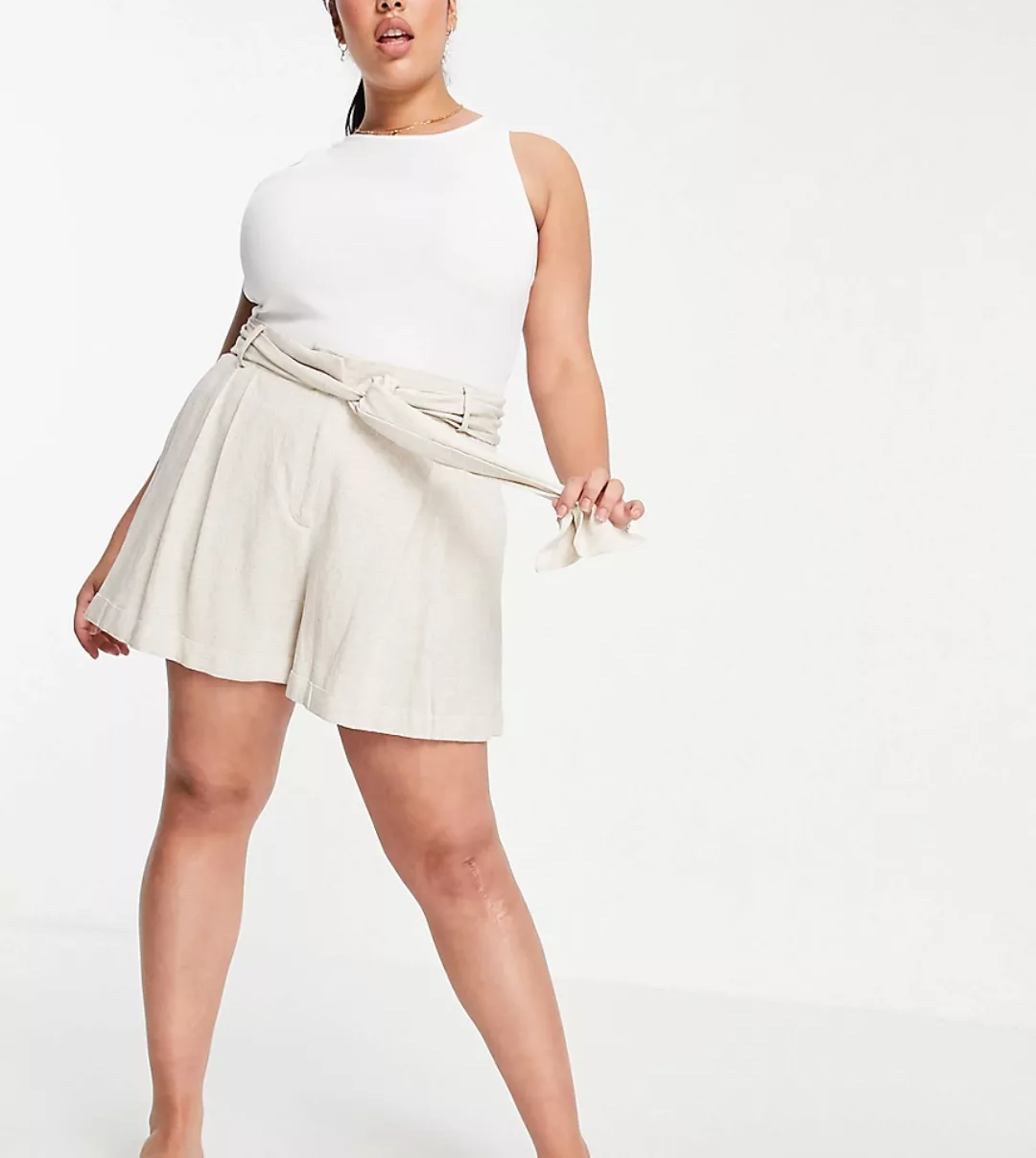 ASOS DESIGN Curve – Anzugshorts aus Leinen mit Bindegürtel in Stein-Neutral günstig online kaufen