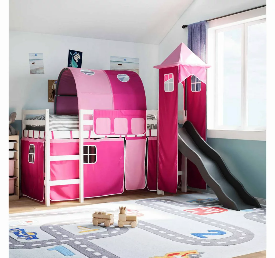 vidaXL Bett, Kinderhochbett mit Turm Rosa 90x200 cm Massivholz Kiefer günstig online kaufen