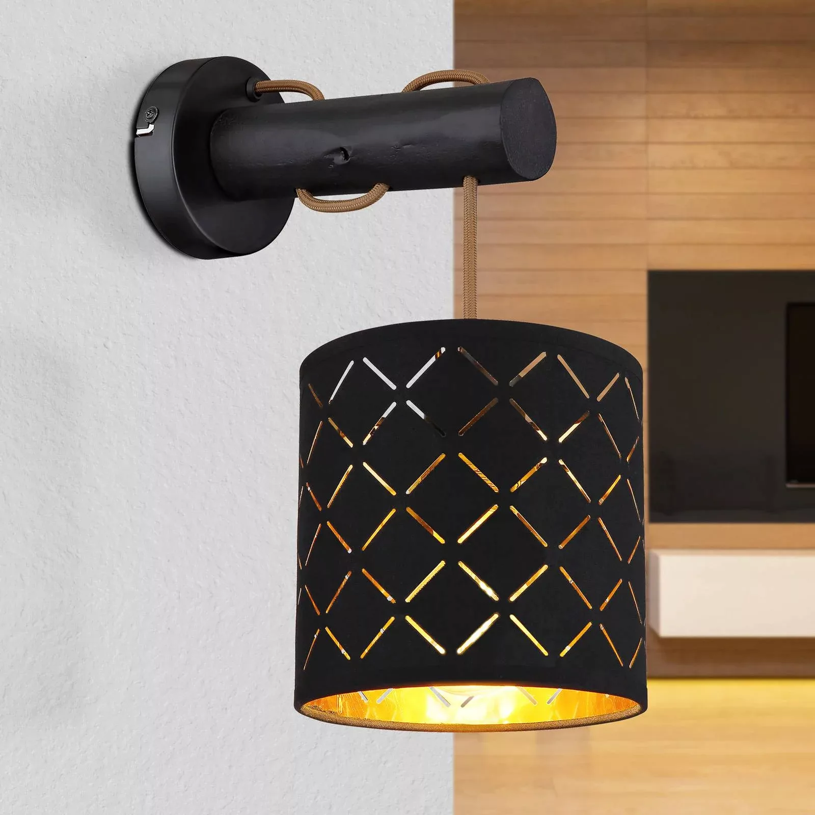 Textil-Wandlampe Clarke, schwarz-gold günstig online kaufen