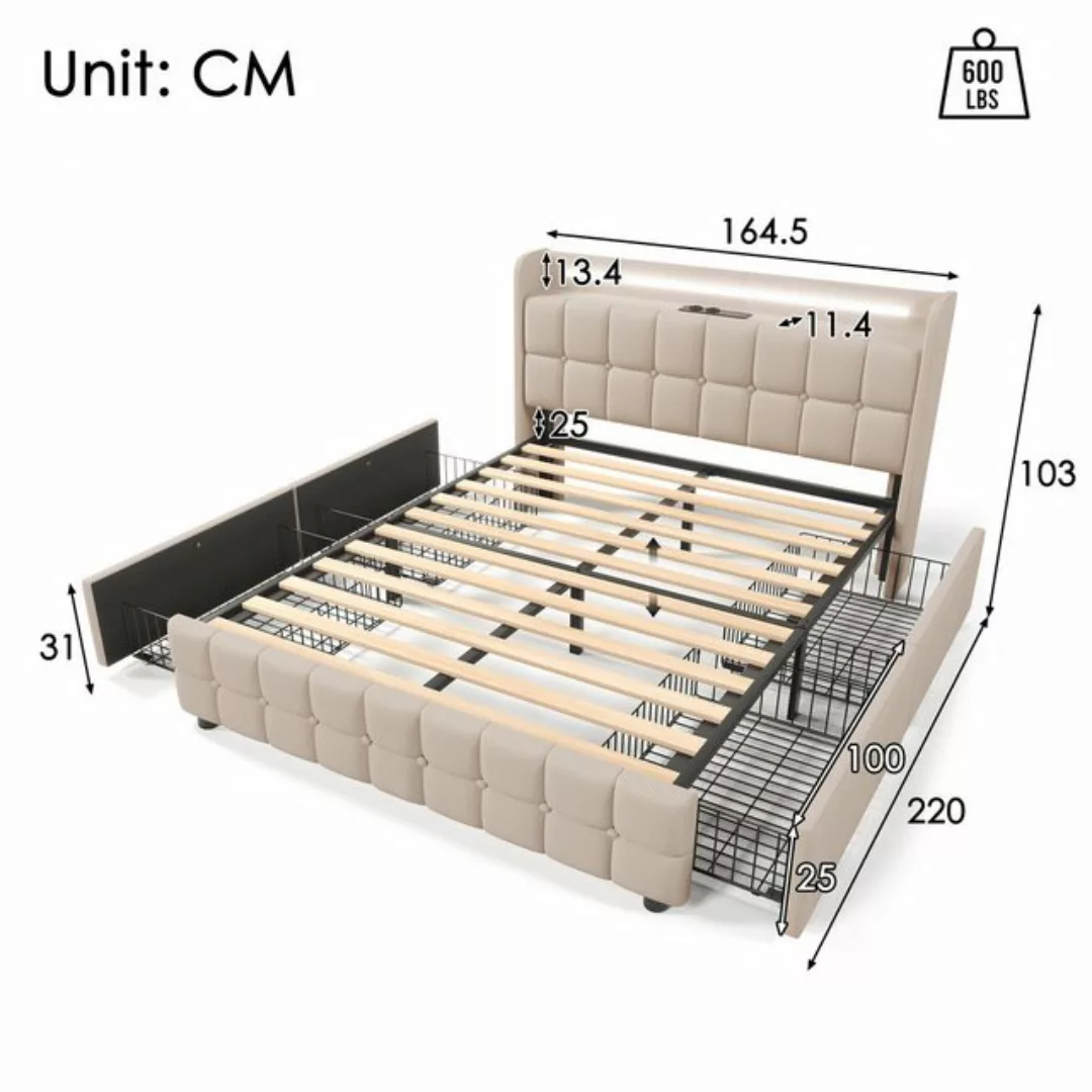 Welikera Polsterbett Doppelbett mit USB Ladefunktion Kopfteil,LED-Beleuchtu günstig online kaufen