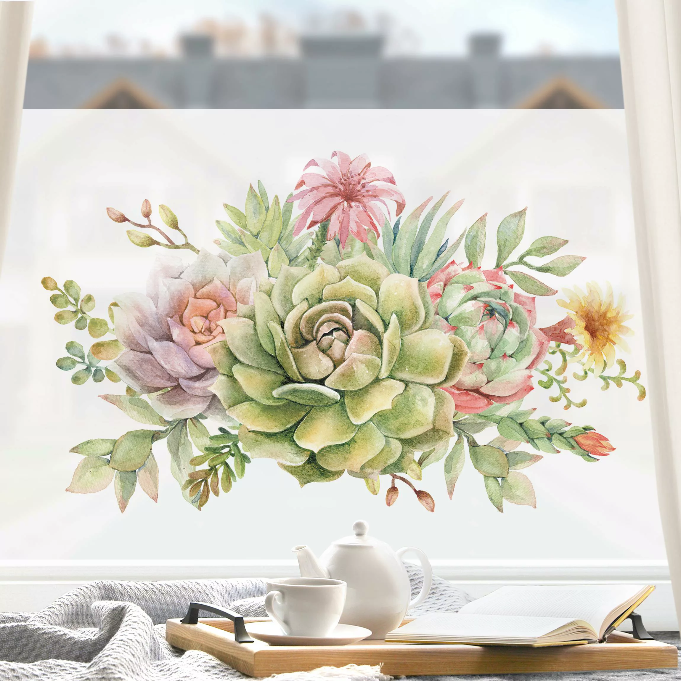 Fensterfolie Aquarell Sukkulenten Bouquet günstig online kaufen