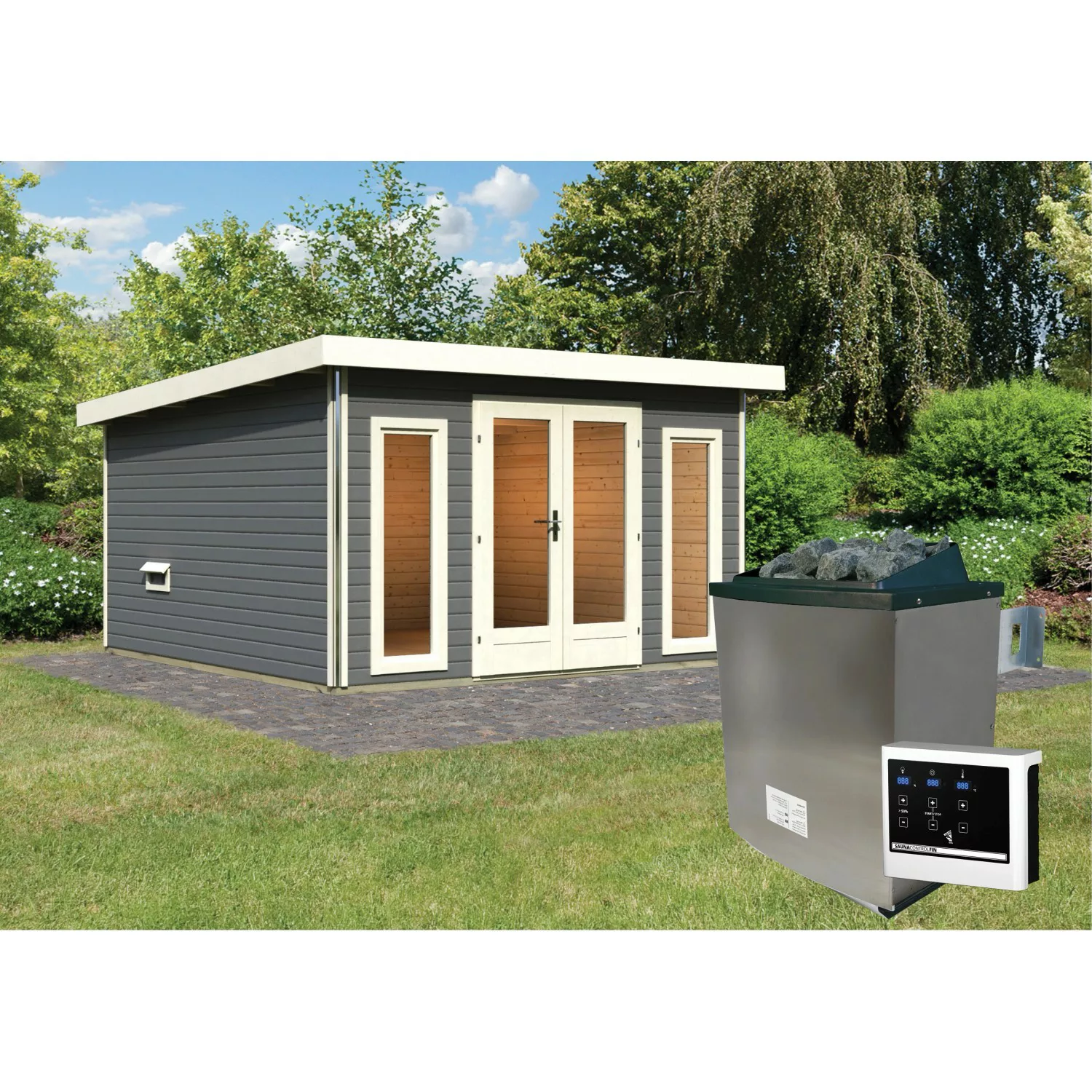 Karibu Saunahaus Magnus 3 Set B Terragrau mit Ofen 9 kW ext. Strg. günstig online kaufen