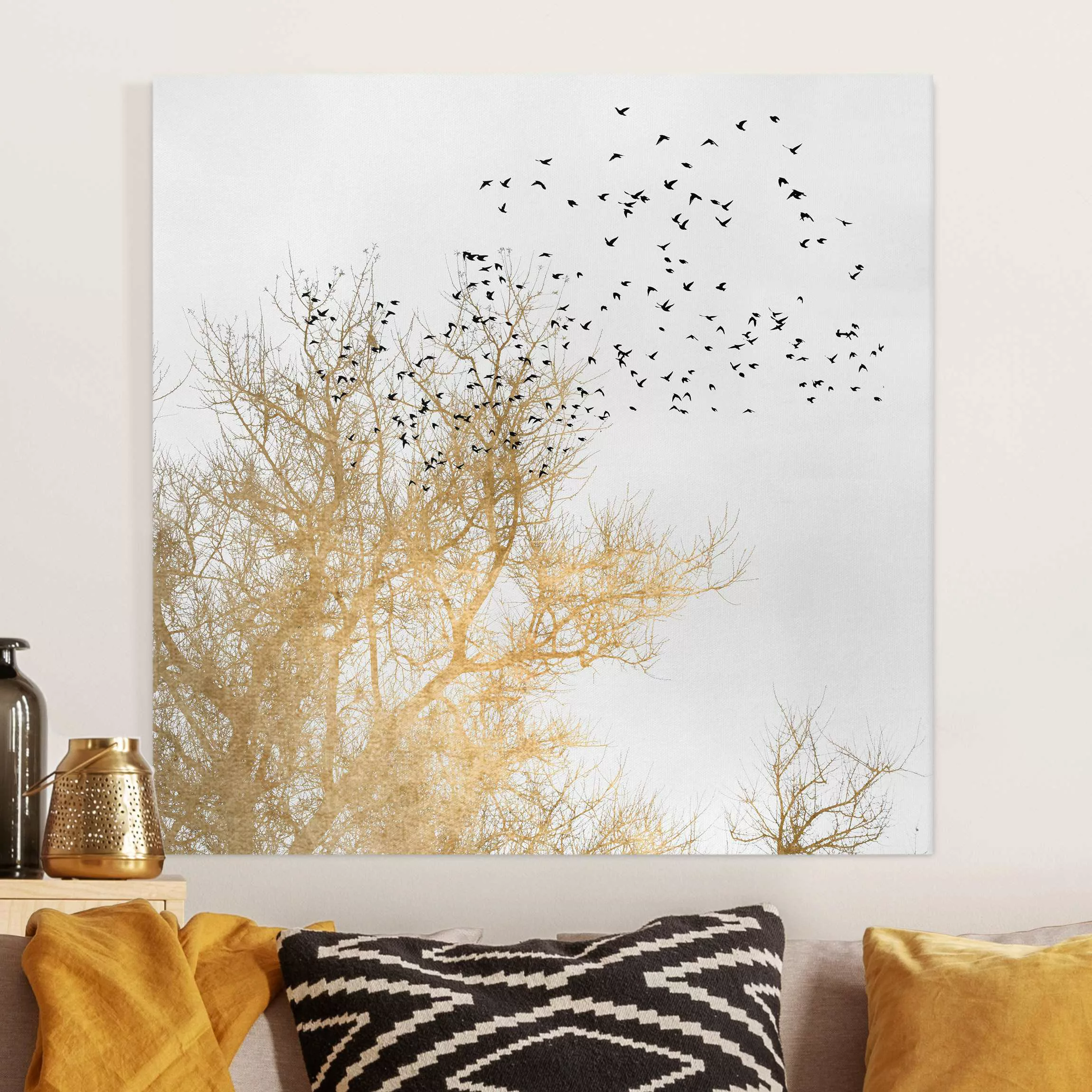 Leinwandbild Vogelschwarm vor goldenem Baum günstig online kaufen