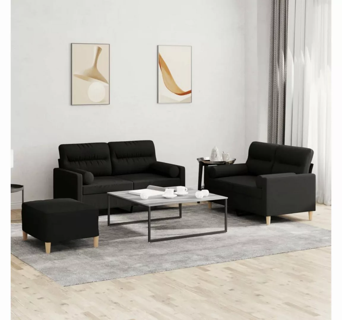 vidaXL Sofa Sofagarnitur Set mit Kissen Stoff, 3-tlg., Schwarz günstig online kaufen