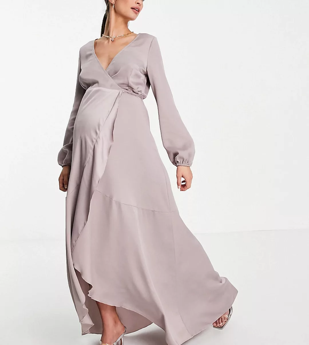 Little Mistress Maternity – Midaxikleid aus Satin mit Wickeldesign und Bind günstig online kaufen