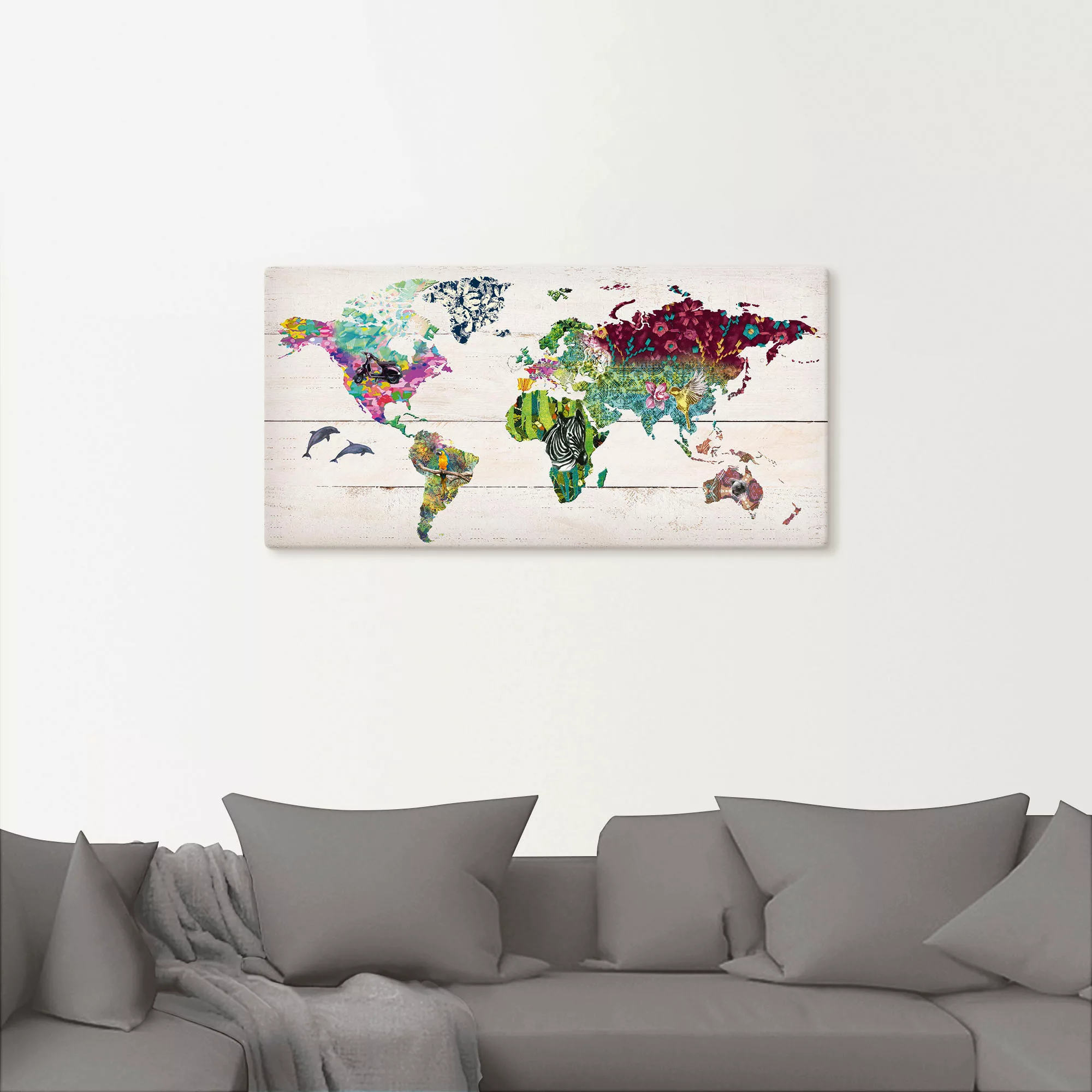 Artland Wandbild "Bunte Welt auf hölzernem Untergrund", Landkarten, (1 St.) günstig online kaufen