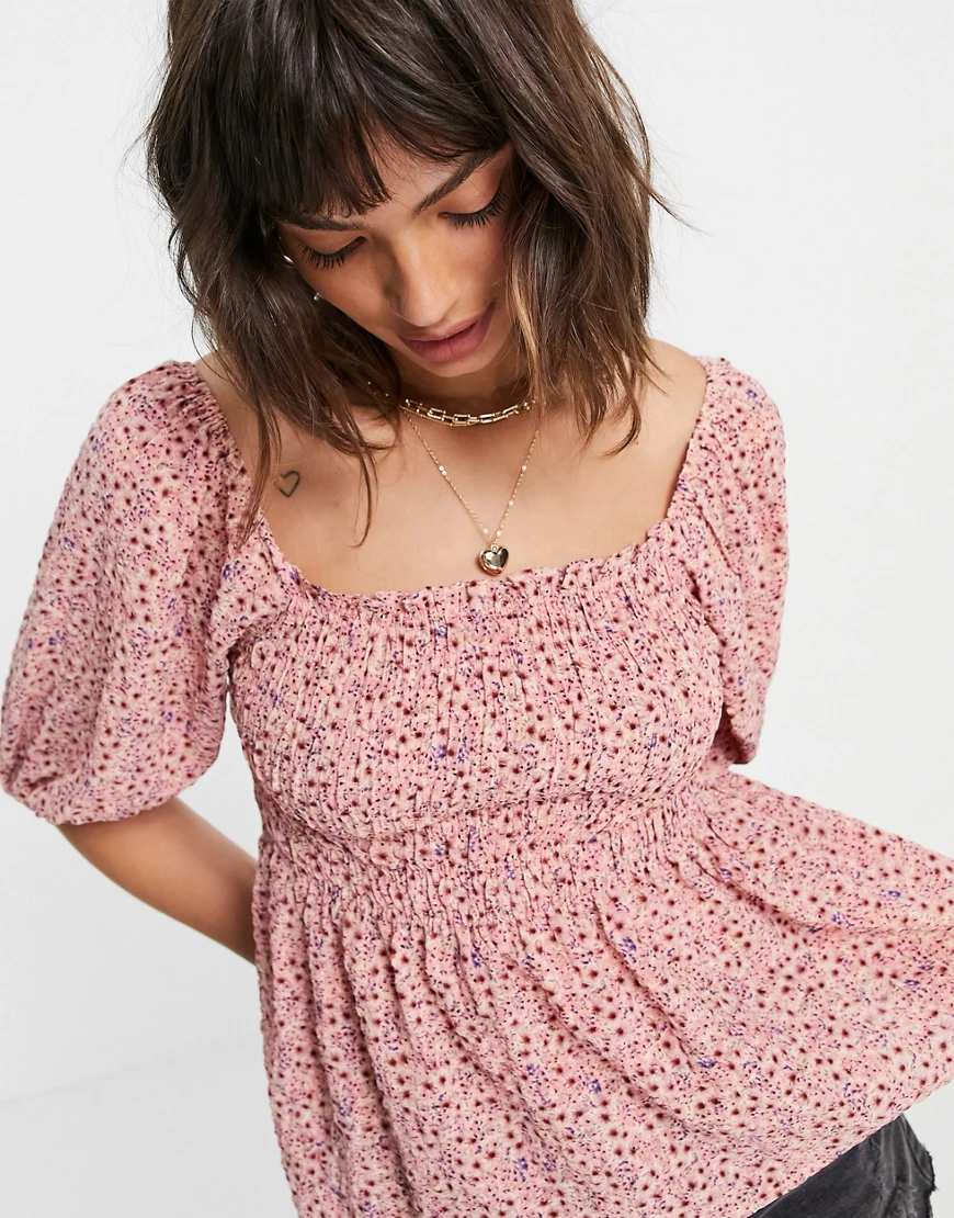 Vero Moda – Geraffte Hängerbluse mit Blumenmuster in Rosa, Kombiteil-Mehrfa günstig online kaufen