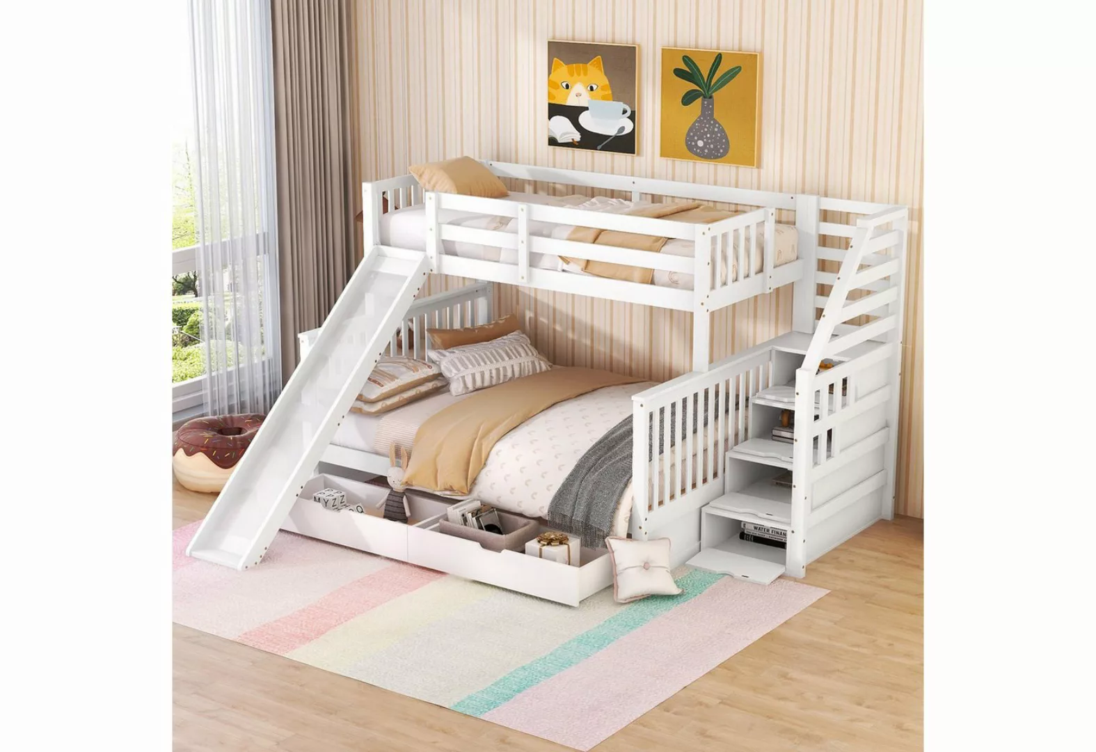 Flieks Etagenbett, Kiefer Kinderbett mit Rutsche & Schubladen 90x200cm+140x günstig online kaufen