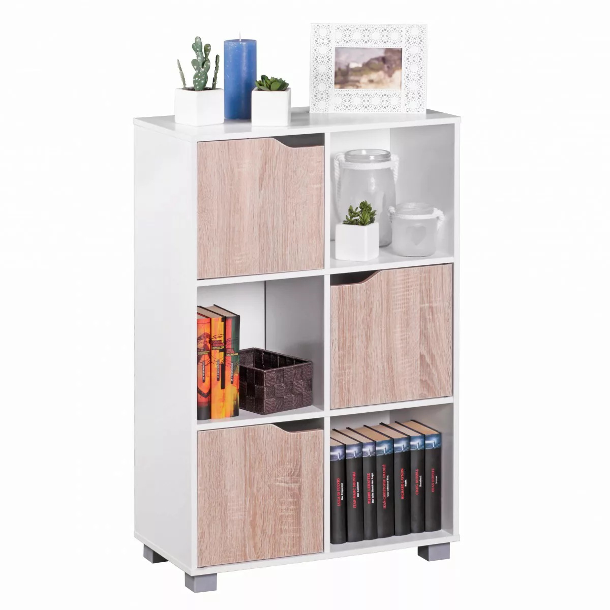 Design Bücherregal MASSA Modern Holz Weiß mit Türen Sonoma Eiche Standregal günstig online kaufen