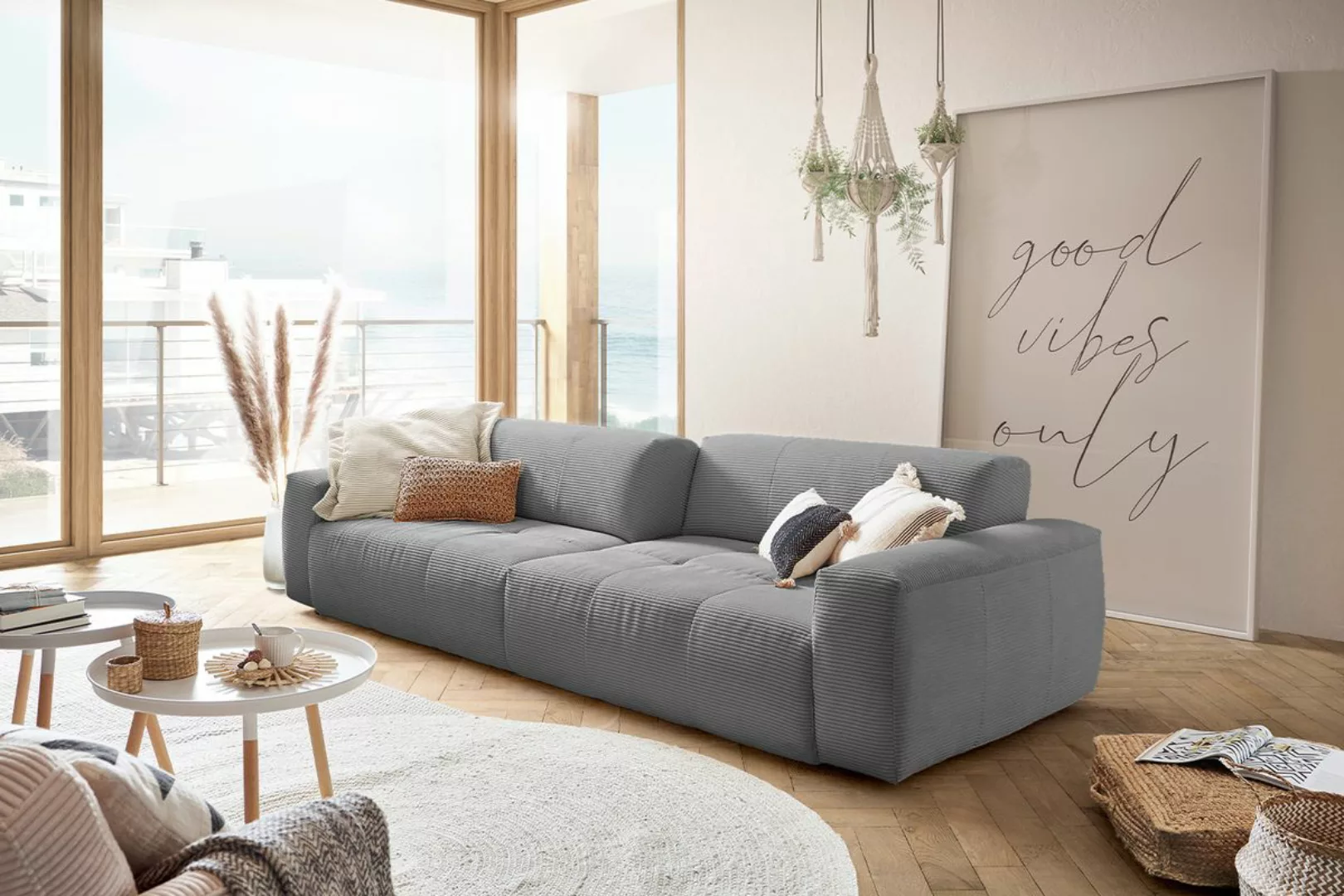 KAWOLA Big Sofa PALACE 3-Sitzer mit Sitztiefenverstellung Cord grau günstig online kaufen
